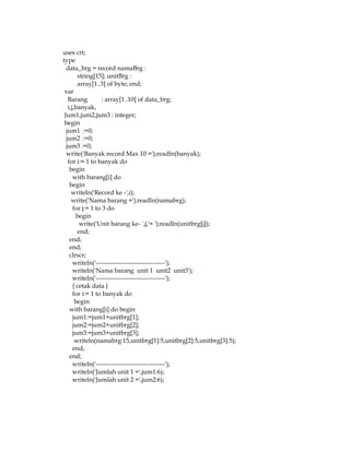 uses crt;
type
data_brg = record namaBrg :
string[15]; unitBrg :
array[1..3] of byte; end;
var
Barang
: array[1..10] of data_brg;
i,j,banyak,
Jum1,jum2,jum3 : integer;
begin
jum1 :=0;
jum2 :=0;
jum3 :=0;
write('Banyak record Max 10 =');readln(banyak);
for i:= 1 to banyak do
begin
with barang[i] do
begin
writeln('Record ke -',i);
write('Nama barang =');readln(namabrg);
for j:= 1 to 3 do
begin
write('Unit barang ke- ',j,'= ');readln(unitbrg[j]);
end;
end;
end;
clrscr;
writeln('---------------------------------');
writeln('Nama barang unit 1 unit2 unit3');
writeln('---------------------------------');
{ cetak data }
for i:= 1 to banyak do
begin
with barang[i] do begin
jum1:=jum1+unitbrg[1];
jum2:=jum2+unitbrg[2];
jum3:=jum3+unitbrg[3];
writeln(namabrg:15,unitbrg[1]:5,unitbrg[2]:5,unitbrg[3]:5);
end;
end;
writeln('---------------------------------');
writeln('Jumlah unit 1 =',jum1:6);
writeln('Jumlah unit 2 =',jum2:6);

 