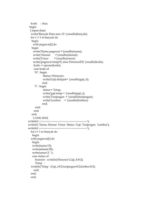 kode : char;
begin
{ input data}
write('Banyak Data max 10 :');readln(banyak);
for i := 1 to banyak do
begin
with pegawai[i] do
begin
write('Nama pegawai =');readln(nama);
write('Alamat
=');readln(alamat);
write('Umur
=');readln(umur);
write('pegawai tetap(T) atau Honorer(H) ');readln(kode);
kode := upcase(kode);
case kode of
'H' : begin
Status:=Honorer;
write('Gaji didapat= ');readln(gaji_h);
end;
'T' : begin
status:= Tetap;
write('gaji tetap = ');readln(gaji_t);
write('Tunjangan = ');readln(tunjangan);
write('Lembur = ');readln(lembur);
end;
end;
end;
end;
{ cetak data}
writeln('----------------------------------------------------');
writeln(' Nama Alamat Umur Status Gaji Tunjangan Lembur');
writeln('----------------------------------------------------');
for i:= 1 to banyak do
begin
with pegawai[i] do
begin
write(nama:15);
write(alamat:20);
write(umur:3,' ');
case status of
honorer : writeln('Honorer',Gaji_h:8:2);
Tetap :
writeln('Tetap ',Gaji_t:8:2,tunjangan:8:2,lembur:8:2);
end;
end;
end;

 