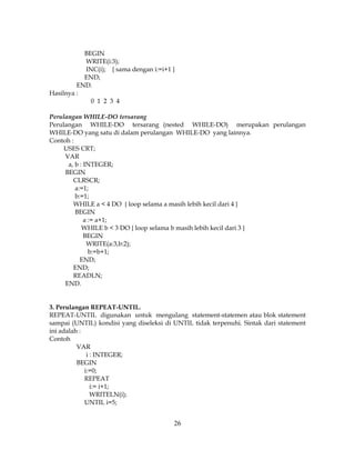 26
BEGIN
WRITE(i:3);
INC(i); { sama dengan i:=i+1 }
END;
END.
Hasilnya :
0 1 2 3 4
Perulangan WHILE-DO tersarang
Perulangan WHILE-DO tersarang (nested WHILE-DO) merupakan perulangan
WHILE-DO yang satu di dalam perulangan WHILE-DO yang lainnya.
Contoh :
USES CRT;
VAR
a, b : INTEGER;
BEGIN
CLRSCR;
a:=1;
b:=1;
WHILE a < 4 DO { loop selama a masih lebih kecil dari 4 }
BEGIN
a := a+1;
WHILE b < 3 DO { loop selama b masih lebih kecil dari 3 }
BEGIN
WRITE(a:3,b:2);
b:=b+1;
END;
END;
READLN;
END.
3. Perulangan REPEAT-UNTIL.
REPEAT-UNTIL digunakan untuk mengulang statement-statemen atau blok statement
sampai (UNTIL) kondisi yang diseleksi di UNTIL tidak terpenuhi. Sintak dari statement
ini adalah :
Contoh
VAR
i : INTEGER;
BEGIN
i:=0;
REPEAT
i:= i+1;
WRITELN(i);
UNTIL i=5;
 