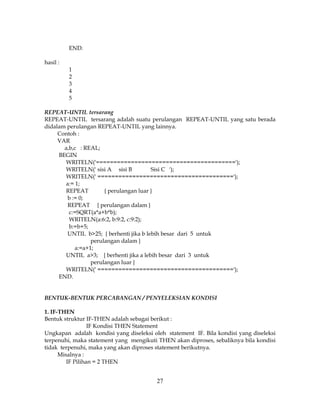 27
END.
hasil :
1
2
3
4
5
REPEAT-UNTIL tersarang
REPEAT-UNTIL tersarang adalah suatu perulangan REPEAT-UNTIL yang satu berada
didalam perulangan REPEAT-UNTIL yang lainnya.
Contoh :
VAR
a,b,c : REAL;
BEGIN
WRITELN('========================================');
WRITELN(' sisi A sisi B Sisi C ');
WRITELN(' =======================================');
a:= 1;
REPEAT { perulangan luar }
b := 0;
REPEAT { perulangan dalam }
c:=SQRT(a*a+b*b);
WRITELN(a:6:2, b:9:2, c:9:2);
b:=b+5;
UNTIL b>25; { berhenti jika b lebih besar dari 5 untuk
perulangan dalam }
a:=a+1;
UNTIL a>3; { berhenti jika a lebih besar dari 3 untuk
perulangan luar }
WRITELN(' =======================================');
END.
BENTUK-BENTUK PERCABANGAN / PENYELEKSIAN KONDISI
1. IF-THEN
Bentuk struktur IF-THEN adalah sebagai berikut :
IF Kondisi THEN Statement
Ungkapan adalah kondisi yang diseleksi oleh statement IF. Bila kondisi yang diseleksi
terpenuhi, maka statement yang mengikuti THEN akan diproses, sebaliknya bila kondisi
tidak terpenuhi, maka yang akan diproses statement berikutnya.
Misalnya :
IF Pilihan = 2 THEN
 