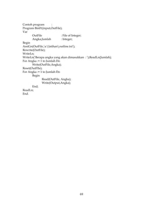 69
Contoh program :
Program Bin01(input,OutFile);
Var
OutFile : File of Integer;
Angka,Jumlah : Integer;
Begin
AssiGn(OutFile,’a:latihanoutline.txt’);
Rewrite(OutFile);
WriteLn;
WriteLn(‘Berapa angka yang akan dimasukkan : ‘);ReadLn(Jumlah);
For Angka := 1 to Jumlah Do
Write(OutFile,Angka);
Reset(OutFIle);
For Angka := 1 to Jumlah Do
Begin
Read(OutFile, Angka);
Write(Output,Angka);
End;
ReadLn;
End.
 