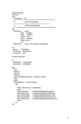 Program Penjualan;
uses wincrt;
const
   jenis_barang           = 20;
   a = '****************************************************************************';
   b='                      INPUT DATA BARANG                                          ';
   c = '----------------------------------------------------------------------------';
   d='                      OUTPUT DATA BARANG                                            ';
   e = '===================================================';
Type
  recordbarang            = record
                  Kode : string[6];
                  Nama : string[15];
                  Jumlah : byte;
                  Ukuran : string[12];
                  harga_unit:real;
                  end;
  Daftarbarang            = array [1..jenis_barang] of recordbarang;

var
  Barang     : daftarbarang;
  data_barang : recordbarang;
  Jum_barang : byte;

Procedure Input_Data;

Var
 indeksbarang : 1..jenis_barang;
 data_barang : recordbarang;

begin
   clrscr;
   writeln (a);
   writeln (b);
   writeln (a);
   write (' Ada Berapa jenis barang : ');readln(jum_barang);
   writeln;
   writeln;
   for indeksbarang := 1 to Jum_barang do
      begin

          writeln (' Data barang ke ', indeksbarang);
          writeln;
          write(' Kode barang      : '); readln(barang[indeksbarang].Kode);
          write(' Nama barang        : '); readln(barang[indeksbarang].Nama);
          write(' Jumlah barang : '); readln(barang[indeksbarang].Jumlah);
          write(' Ukuran/Satuan : '); readln(barang[indeksbarang].Ukuran);
          write(' Harga Per Unit : '); readln(barang[indeksbarang].harga_unit);
          writeln;
       end;
end;




                                                                                               31
 