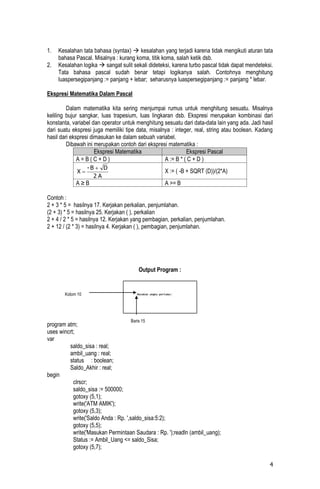 1.   Kesalahan tata bahasa (syntax)  kesalahan yang terjadi karena tidak mengikuti aturan tata
     bahasa Pascal. Misalnya : kurang koma, titik koma, salah ketik dsb.
2.   Kesalahan logika  sangat sulit sekali dideteksi, karena turbo pascal tidak dapat mendeteksi.
     Tata bahasa pascal sudah benar tetapi logikanya salah. Contohnya menghitung
     luaspersegipanjang := panjang + lebar; seharusnya luaspersegipanjang := panjang * lebar.

Ekspresi Matematika Dalam Pascal

         Dalam matematika kita sering menjumpai rumus untuk menghitung sesuatu. Misalnya
keliling bujur sangkar, luas trapesium, luas lingkaran dsb. Ekspresi merupakan kombinasi dari
konstanta, variabel dan operator untuk menghitung sesuatu dari data-data lain yang ada. Jadi hasil
dari suatu ekspresi juga memiliki tipe data, misalnya : integer, real, string atau boolean. Kadang
hasil dari ekspresi dimasukan ke dalam sebuah variabel.
         Dibawah ini merupakan contoh dari ekspresi matematika :
                      Ekspresi Matematika                    Ekspresi Pascal
              A=B(C+D)                             A := B * ( C + D )
                  -B  D
             X                                    X := ( -B + SQRT (D))/(2*A)
                    2A
            A≥B                                    A >= B

Contoh :
2 + 3 * 5 = hasilnya 17. Kerjakan perkalian, penjumlahan.
(2 + 3) * 5 = hasilnya 25. Kerjakan ( ), perkalian
2 + 4 / 2 * 5 = hasilnya 12. Kerjakan yang pembagian, perkalian, penjumlahan.
2 + 12 / (2 * 3) = hasilnya 4. Kerjakan ( ), pembagian, penjumlahan.




                                        Output Program :


       Kolom 10




                                    Baris 15
program atm;
uses wincrt;
var
         saldo_sisa : real;
         ambil_uang : real;
         status : boolean;
         Saldo_Akhir : real;
begin
           clrscr;
           saldo_sisa := 500000;
           gotoxy (5,1);
           write('ATM AMIK');
           gotoxy (5,3);
           write('Saldo Anda : Rp. ',saldo_sisa:5:2);
           gotoxy (5,5);
           write('Masukan Permintaan Saudara : Rp. ');readln (ambil_uang);
           Status := Ambil_Uang <= saldo_Sisa;
           gotoxy (5,7);

                                                                                                4
 