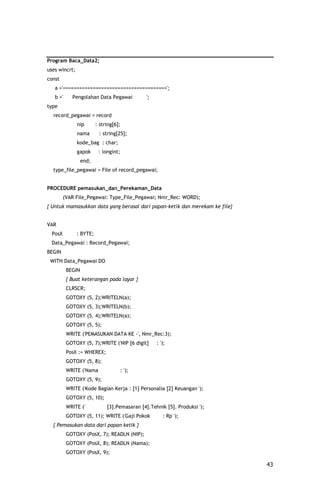 Program Baca_Data2;
uses wincrt;
const
   a ='======================================';
   b ='     Pengolahan Data Pegawai            ';
type
  record_pegawai = record
               nip       : string[6];
               nama       : string[25];
               kode_bag : char;
               gapok      : longint;
                  end;
  type_file_pegawai = File of record_pegawai;


PROCEDURE pemasukan_dan_Perekaman_Data
        (VAR File_Pegawai: Type_File_Pegawai; Nmr_Rec: WORD);
{ Untuk mamasukkan data yang berasal dari papan-ketik dan merekam ke file}


VAR
 PosX          : BYTE;
 Data_Pegawai : Record_Pegawai;
BEGIN
 WITH Data_Pegawai DO
          BEGIN
          { Buat keterangan pada layar }
          CLRSCR;
          GOTOXY (5, 2);WRITELN(a);
          GOTOXY (5, 3);WRITELN(b);
          GOTOXY (5, 4);WRITELN(a);
          GOTOXY (5, 5);
          WRITE ('PEMASUKAN DATA KE -', Nmr_Rec:3);
          GOTOXY (5, 7);WRITE ('NIP [6 digit]       : ');
          PosX := WHEREX;
          GOTOXY (5, 8);
          WRITE ('Nama                 : ');
          GOTOXY (5, 9);
          WRITE ('Kode Bagian Kerja : [1] Personalia [2] Keuangan ');
          GOTOXY (5, 10);
          WRITE ('            [3].Pemasaran [4].Tehnik [5]. Produksi ');
          GOTOXY (5, 11); WRITE ('Gaji Pokok           : Rp ');
  { Pemasukan data dari papan ketik }
          GOTOXY (PosX, 7); READLN (NIP);
          GOTOXY (PosX, 8); READLN (Nama);
          GOTOXY (PosX, 9);

                                                                             43
 