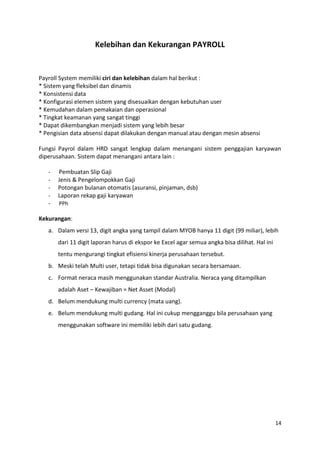 Kelebihan dan Kekurangan PAYROLL


Payroll System memiliki ciri dan kelebihan dalam hal berikut :
* Sistem yang fleksibel dan dinamis
* Konsistensi data
* Konfigurasi elemen sistem yang disesuaikan dengan kebutuhan user
* Kemudahan dalam pemakaian dan operasional
* Tingkat keamanan yang sangat tinggi
* Dapat dikembangkan menjadi sistem yang lebih besar
* Pengisian data absensi dapat dilakukan dengan manual atau dengan mesin absensi

Fungsi Payrol dalam HRD sangat lengkap dalam menangani sistem penggajian karyawan
diperusahaan. Sistem dapat menangani antara lain :

   -   Pembuatan Slip Gaji
   -   Jenis & Pengelompokkan Gaji
   -   Potongan bulanan otomatis (asuransi, pinjaman, dsb)
   -   Laporan rekap gaji karyawan
   -   PPh

Kekurangan:
   a. Dalam versi 13, digit angka yang tampil dalam MYOB hanya 11 digit (99 miliar), lebih
       dari 11 digit laporan harus di ekspor ke Excel agar semua angka bisa dilihat. Hal ini
       tentu mengurangi tingkat efisiensi kinerja perusahaan tersebut.
   b. Meski telah Multi user, tetapi tidak bisa digunakan secara bersamaan.
   c. Format neraca masih menggunakan standar Australia. Neraca yang ditampilkan
       adalah Aset – Kewajiban = Net Asset (Modal)
   d. Belum mendukung multi currency (mata uang).
   e. Belum mendukung multi gudang. Hal ini cukup mengganggu bila perusahaan yang
       menggunakan software ini memiliki lebih dari satu gudang.




                                                                                               14
 