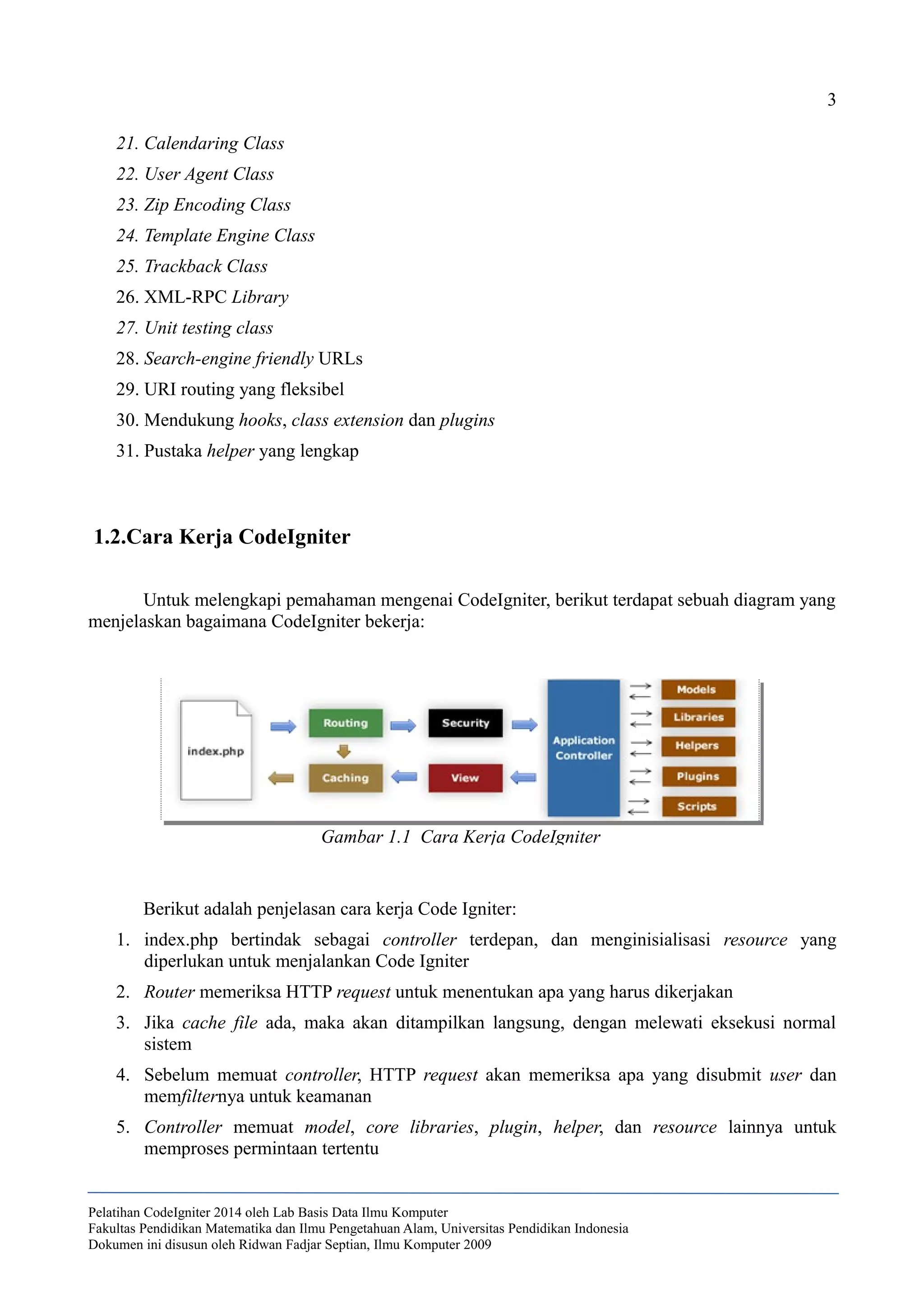 3
21. Calendaring Class
22. User Agent Class
23. Zip Encoding Class
24. Template Engine Class
25. Trackback Class
26. XML-RPC Library
27. Unit testing class
28. Search-engine friendly URLs
29. URI routing yang fleksibel
30. Mendukung hooks, class extension dan plugins
31. Pustaka helper yang lengkap
1.2.Cara Kerja CodeIgniter
Untuk melengkapi pemahaman mengenai CodeIgniter, berikut terdapat sebuah diagram yang
menjelaskan bagaimana CodeIgniter bekerja:
Berikut adalah penjelasan cara kerja Code Igniter:
1. index.php bertindak sebagai controller terdepan, dan menginisialisasi resource yang
diperlukan untuk menjalankan Code Igniter
2. Router memeriksa HTTP request untuk menentukan apa yang harus dikerjakan
3. Jika cache file ada, maka akan ditampilkan langsung, dengan melewati eksekusi normal
sistem
4. Sebelum memuat controller, HTTP request akan memeriksa apa yang disubmit user dan
memfilternya untuk keamanan
5. Controller memuat model, core libraries, plugin, helper, dan resource lainnya untuk
memproses permintaan tertentu
Pelatihan CodeIgniter 2014 oleh Lab Basis Data Ilmu Komputer
Fakultas Pendidikan Matematika dan Ilmu Pengetahuan Alam, Universitas Pendidikan Indonesia
Dokumen ini disusun oleh Ridwan Fadjar Septian, Ilmu Komputer 2009
Gambar 1.1 Cara Kerja CodeIgniter
 
