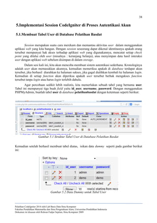 38
5.Implementasi Session CodeIgniter di Proses Autentikasi Akun
5.1.Membuat Tabel User di Database Pelatihan Basdat
Session merupakan suatu cara merekam dan memantau aktivitas user dalam menggunakan
aplikasi web yang kita bangun. Dengan session seseorang dapat dikenal identitasnya apakah orang
tersebut mempunyai hak akses terhadap aplikasi web yang digunakannya, mencatat setiap check
point yang dilalui oleh user (misalnya : keranjang belanja), atau menyimpan data hasil interaksi
user dengan aplikasi web sebelum disimpan di dalam storage.
Dalam sesi kali ini, kita akan mencoba membuat sistem autentikasi sederhana. Kronologinya
adalah user akan memasukkan akunnya, kemudian memeriksa apakah di database terdapat akun
tersebut, jika berhasil diarahkan ke halaman sukses, jika gagal dialihkan kembali ke halaman login.
Kemudian di setiap function akan diperiksa apakah user tersebut berhak mengakses function
tersebut tanpa login atau harus login terlebih dahulu.
Agar percobaan sedikit lebih realistis, kita memerlukan sebuah tabel yang bernama user.
Tabel ini mempunyai tiga buah field yaitu id_user, username, password. Dengan menggunakan
PHPMyAdmin, buatlah tabel user di database pelatihanbasdat dengan ketentuan seperti berikut:
Kemudian setelah berhasil membuat tabel diatas, isikan data dummy seperti pada gambar berikut
ini:
Pelatihan CodeIgniter 2014 oleh Lab Basis Data Ilmu Komputer
Fakultas Pendidikan Matematika dan Ilmu Pengetahuan Alam, Universitas Pendidikan Indonesia
Dokumen ini disusun oleh Ridwan Fadjar Septian, Ilmu Komputer 2009
Gambar 5.1 Struktur Tabel User di Database Pelatihan Basdat
Gambar 5.2 Data Dummy untuk Tabel User
 