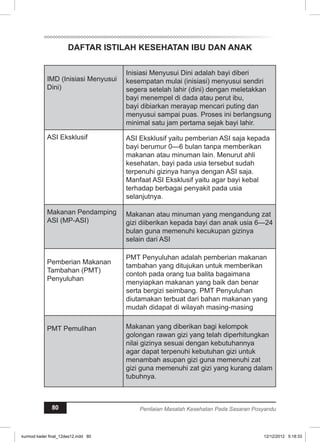 DAFTAR ISTILAH KESEHATAN IBU DAN ANAK 
IMD (Inisiasi Menyusui 
Dini) 
Inisiasi Menyusui Dini adalah bayi diberi 
kesempatan mulai (inisiasi) menyusui sendiri 
segera setelah lahir (dini) dengan meletakkan 
bayi menempel di dada atau perut ibu, 
bayi dibiarkan merayap mencari puting dan 
menyusui sampai puas. Proses ini berlangsung 
minimal satu jam pertama sejak bayi lahir. 
ASI Eksklusif ASI Eksklusif yaitu pemberian ASI saja kepada 
bayi berumur 0—6 bulan tanpa memberikan 
makanan atau minuman lain. Menurut ahli 
kesehatan, bayi pada usia tersebut sudah 
terpenuhi gizinya hanya dengan ASI saja. 
Manfaat ASI Eksklusif yaitu agar bayi kebal 
terhadap berbagai penyakit pada usia 
selanjutnya. 
Makanan Pendamping 
ASI (MP-ASI) 
Makanan atau minuman yang mengandung zat 
gizi diiberikan kepada bayi dan anak usia 6—24 
bulan guna memenuhi kecukupan gizinya 
selain dari ASI 
Pemberian Makanan 
Tambahan (PMT) 
Penyuluhan 
PMT Penyuluhan adalah pemberian makanan 
tambahan yang ditujukan untuk memberikan 
contoh pada orang tua balita bagaimana 
menyiapkan makanan yang baik dan benar 
serta bergizi seimbang. PMT Penyuluhan 
diutamakan terbuat dari bahan makanan yang 
mudah didapat di wilayah masing-masing 
PMT Pemulihan Makanan yang diberikan bagi kelompok 
golongan rawan gizi yang telah diperhitungkan 
nilai gizinya sesuai dengan kebutuhannya 
agar dapat terpenuhi kebutuhan gizi untuk 
menambah asupan gizi guna memenuhi zat 
gizi guna memenuhi zat gizi yang kurang dalam 
tubuhnya. 
80 Penilaian Masalah Kesehatan Pada Sasaran Posyandu 
kurmod kader final_12des12.indd 80 12/12/2012 5:18:33 
 