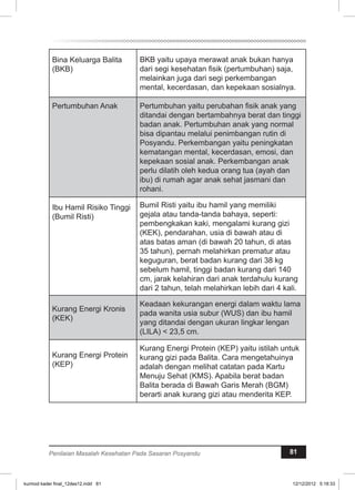 Bina Keluarga Balita 
(BKB) 
BKB yaitu upaya merawat anak bukan hanya 
dari segi kesehatan fisik (pertumbuhan) saja, 
melainkan juga dari segi perkembangan 
mental, kecerdasan, dan kepekaan sosialnya. 
Pertumbuhan Anak Pertumbuhan yaitu perubahan fisik anak yang 
ditandai dengan bertambahnya berat dan tinggi 
badan anak. Pertumbuhan anak yang normal 
bisa dipantau melalui penimbangan rutin di 
Posyandu. Perkembangan yaitu peningkatan 
kematangan mental, kecerdasan, emosi, dan 
kepekaan sosial anak. Perkembangan anak 
perlu dilatih oleh kedua orang tua (ayah dan 
ibu) di rumah agar anak sehat jasmani dan 
rohani. 
Ibu Hamil Risiko Tinggi 
(Bumil Risti) 
Bumil Risti yaitu ibu hamil yang memiliki 
gejala atau tanda-tanda bahaya, seperti: 
pembengkakan kaki, mengalami kurang gizi 
(KEK), pendarahan, usia di bawah atau di 
atas batas aman (di bawah 20 tahun, di atas 
35 tahun), pernah melahirkan prematur atau 
keguguran, berat badan kurang dari 38 kg 
sebelum hamil, tinggi badan kurang dari 140 
cm, jarak kelahiran dari anak terdahulu kurang 
dari 2 tahun, telah melahirkan lebih dari 4 kali. 
Kurang Energi Kronis 
(KEK) 
Keadaan kekurangan energi dalam waktu lama 
pada wanita usia subur (WUS) dan ibu hamil 
yang ditandai dengan ukuran lingkar lengan 
(LILA) < 23,5 cm. 
Kurang Energi Protein 
(KEP) 
Kurang Energi Protein (KEP) yaitu istilah untuk 
kurang gizi pada Balita. Cara mengetahuinya 
adalah dengan melihat catatan pada Kartu 
Menuju Sehat (KMS). Apabila berat badan 
Balita berada di Bawah Garis Merah (BGM) 
berarti anak kurang gizi atau menderita KEP. 
Penilaian Masalah Kesehatan Pada Sasaran Posyandu 81 
kurmod kader final_12des12.indd 81 12/12/2012 5:18:33 
 
