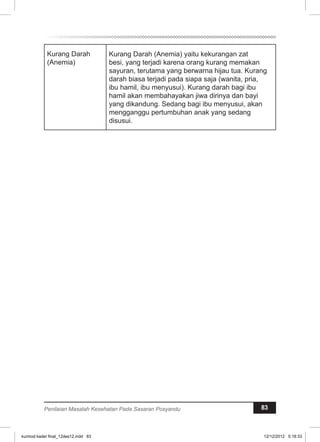 Kurang Darah 
(Anemia) 
Kurang Darah (Anemia) yaitu kekurangan zat 
besi, yang terjadi karena orang kurang memakan 
sayuran, terutama yang berwarna hijau tua. Kurang 
darah biasa terjadi pada siapa saja (wanita, pria, 
ibu hamil, ibu menyusui). Kurang darah bagi ibu 
hamil akan membahayakan jiwa dirinya dan bayi 
yang dikandung. Sedang bagi ibu menyusui, akan 
mengganggu pertumbuhan anak yang sedang 
disusui. 
Penilaian Masalah Kesehatan Pada Sasaran Posyandu 83 
kurmod kader final_12des12.indd 83 12/12/2012 5:18:33 
 