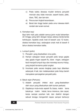 c) Pada waktu dewasa mudah terkena penyakit 
menular atau tidak menular, seperti batuk, pilek, 
diare, TBC, dan lain-lain. 
d) Penurunan tingkat kecerdasan. 
e) Berat dan tinggi badan pada umur dewasa lebih 
rendah dari anak normal. 
b. Kematian bayi 
Bayi lahir mati yaitu adalah semua janin mulai kehamilan 
22 minggu yang lahir dengan tanpa adanya tanda-tanda 
kehidupan. Apabila anak mati di bawah usia 12 bulan, 
disebut kematian bayi, sedangkan anak mati di bawah 5 
tahun disebut kematian balita. 
c. Lumpuh (polio) 
1) Penyakit yang disebabkan virus polio. 
2) Hampir sebagian besar penyakit polio tanpa gejala 
atau gejala ringan seperti flu, diare ringan, sebagian 
kecil menjadi lumpuh layu dan menetap seumur hidup, 
yang terjadi terutama pada tungkai. 
3) Imunisasi polio secara lengkap pada bayi diberikan 
sebanyak 4 kali, dan melaksanakan pola hidup bersih 
merupakan pencegahan penyakit polio. 
d. Batuk rejan (Pertusis) 
1) Adalah penyakit infeksi akut yang disebabkan 
oleh racun yang dikeluarkan oleh kuman pertusis. 
2) Gejalanya mula-mula seperti flu biasa, makin lama 
batuknya makin hebat, terus menerus, dan cepat, 
keras sampai puluhan kali, dan diakhiri dengan 
sekuat tenaga mengambil napas sampai berbunyi 
90 Penilaian Masalah Kesehatan Pada Sasaran Posyandu 
kurmod kader final_12des12.indd 90 12/12/2012 5:18:34 
 