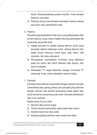 keras. Kadang-kadang sampai muntah, muka tampak 
kebiruan dan lelah. 
3) Pertusis sering menimbulkan kematian karena radang 
paru-paru atau perdarahan otak. 
e. Tetanus 
Penyakit yang disebabkan oleh racun yang dikeluarkan oleh 
kuman tetanus, yang masuk melalui luka atau perawatan tali 
pusat bayi yang tidak baik. 
1) Gejala penyakit ini adalah kejang seluruh tubuh yang 
berulang selama beberapa menit, rahang terkunci dan 
balita (mulut mencucu untuk bayi), kaku leher, sulit 
menelan, dan kaku otot perut. 
2) Pencegahan memberikan imunisasi yang diberikan 
pada ibu hamil, dan WUS (Wanita Usia Subur), dan 
siswi di sekolah. 
3) Kekebalan TT dapat diberikan dengan imunisasi TT 
sebanyak 5 kali, untuk kekebalan seumur hidup. 
f. Campak 
Campak biasa dikenal masyarakat dengan sebutan tampek 
(Jawa Barat) atau gabag (Jawa) yaitu penyakit yang ditandai 
dengan demam dan bercak kemerahan pada wajah atau 
tubuh terutama menyerang anak-anak. Campak disebabkan 
oleh virus campak. 
Gejala yang muncul yaitu: 
1) Demam atau panas tinggi. 
2) Timbul bercak kemerahan pada wajah atau tubuh. 
3) Disertai batuk dan atau pilek. 
4) Kadang-kadang disertai mata merah dan diare. 
Penilaian Masalah Kesehatan Pada Sasaran Posyandu 91 
kurmod kader final_12des12.indd 91 12/12/2012 5:18:34 
 