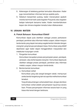 8. Keterangan di belakang gambar kemudian dibacakan. Kader 
juga menambahkan informasi lainnya apabila perlu. 
9. Sebelum berpamitan pulang, kader menanyakan apakah 
mereka berminat hadir pada kegiatan Posyandu atau kegiatan 
belajar kelompok bersama kader. Kader memberitahukan 
kapan dan dimana kegiatan tersebut akan dilaksanakan. 
VI. URAIAN MATERI 
A. Pokok Bahasan: Komunikasi Efektif 
Komunikasi dapat pula diartikan sebagai proses pertukaran 
pendapat, pemikiran atau informasi melalui ucapan, tulisan maupun 
tanda-tanda yang dapat mencakup segala bentuk interaksi dengan 
orang lain yang berupa percakapan biasa. Komunikasi yang efektif 
diperlukan agar kader dapat menggerakkan masyarakat dan 
melakukan kunjungan rumah. 
1. Pengertian komunikasi 
Komunikasi merupakan proses penyampaian pesan, pendapat, 
perasaan, atau berita kepada orang lain. Komunikasi dapat pula 
diartikan sebagai proses pendapat, pemikiran atau informasi 
melalui ucapan, tulisan maupun tanda-tanda. 
2. Bentuk-bentuk komunikasi 
a. Komunikasi verbal 
Komunikasi yang ada sangat beragam sekali, mempunyai 
aneka bentuk tergantung dari sisi apa kita melihat komunikasi 
tersebut. 
Yang dimaksud dengan verbal adalah lisan, dengan demikian 
komunikasi verbal adalah penyampaian tujuannya secara 
lisan. Proses penyampaian informasi secara lisan ini yang 
biasa kita kenal dengan berbicara. 
110 Penggerakkan Masyarakat 
kurmod kader final_12des12.indd 110 12/12/2012 5:18:36 
 