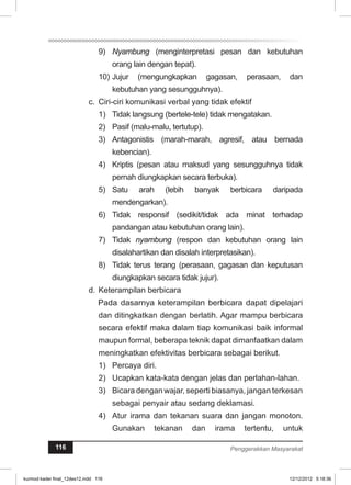 9) Nyambung (menginterpretasi pesan dan kebutuhan 
orang lain dengan tepat). 
10) Jujur (mengungkapkan gagasan, perasaan, dan 
kebutuhan yang sesungguhnya). 
c. Ciri-ciri komunikasi verbal yang tidak efektif 
1) Tidak langsung (bertele-tele) tidak mengatakan. 
2) Pasif (malu-malu, tertutup). 
3) Antagonistis (marah-marah, agresif, atau bernada 
kebencian). 
4) Kriptis (pesan atau maksud yang sesungguhnya tidak 
pernah diungkapkan secara terbuka). 
5) Satu arah (lebih banyak berbicara daripada 
mendengarkan). 
6) Tidak responsif (sedikit/tidak ada minat terhadap 
pandangan atau kebutuhan orang lain). 
7) Tidak nyambung (respon dan kebutuhan orang lain 
disalahartikan dan disalah interpretasikan). 
8) Tidak terus terang (perasaan, gagasan dan keputusan 
diungkapkan secara tidak jujur). 
d. Keterampilan berbicara 
Pada dasarnya keterampilan berbicara dapat dipelajari 
dan ditingkatkan dengan berlatih. Agar mampu berbicara 
secara efektif maka dalam tiap komunikasi baik informal 
maupun formal, beberapa teknik dapat dimanfaatkan dalam 
meningkatkan efektivitas berbicara sebagai berikut. 
1) Percaya diri. 
2) Ucapkan kata-kata dengan jelas dan perlahan-lahan. 
3) Bicara dengan wajar, seperti biasanya, jangan terkesan 
sebagai penyair atau sedang deklamasi. 
4) Atur irama dan tekanan suara dan jangan monoton. 
Gunakan tekanan dan irama tertentu, untuk 
116 Penggerakkan Masyarakat 
kurmod kader final_12des12.indd 116 12/12/2012 5:18:36 
 
