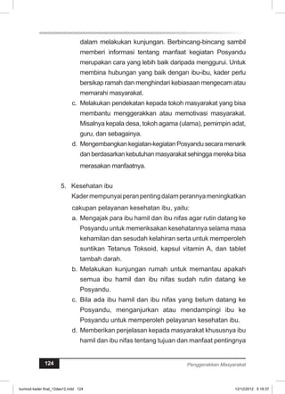 dalam melakukan kunjungan. Berbincang-bincang sambil 
memberi informasi tentang manfaat kegiatan Posyandu 
merupakan cara yang lebih baik daripada menggurui. Untuk 
membina hubungan yang baik dengan ibu-ibu, kader perlu 
bersikap ramah dan menghindari kebiasaan mengecam atau 
memarahi masyarakat. 
Melakukan pendekatan kepada tokoh masyarakat c. yang bisa 
membantu menggerakkan atau memotivasi masyarakat. 
Misalnya kepala desa, tokoh agama (ulama), pemimpin adat, 
guru, dan sebagainya. 
d. Mengembangkan kegiatan-kegiatan Posyandu secara menarik 
dan berdasarkan kebutuhan masyarakat sehingga mereka bisa 
merasakan manfaatnya. 
5. Kesehatan ibu 
Kader mempunyai peran penting dalam perannya meningkatkan 
cakupan pelayanan kesehatan ibu, yaitu: 
a. Mengajak para ibu hamil dan ibu nifas agar rutin datang ke 
Posyandu untuk memeriksakan kesehatannya selama masa 
kehamilan dan sesudah kelahiran serta untuk memperoleh 
suntikan Tetanus Toksoid, kapsul vitamin A, dan tablet 
tambah darah. 
b. Melakukan kunjungan rumah untuk memantau apakah 
semua ibu hamil dan ibu nifas sudah rutin datang ke 
Posyandu. 
c. Bila ada ibu hamil dan ibu nifas yang belum datang ke 
Posyandu, menganjurkan atau mendampingi ibu ke 
Posyandu untuk memperoleh pelayanan kesehatan ibu. 
d. Memberikan penjelasan kepada masyarakat khususnya ibu 
hamil dan ibu nifas tentang tujuan dan manfaat pentingnya 
124 Penggerakkan Masyarakat 
kurmod kader final_12des12.indd 124 12/12/2012 5:18:37 
 