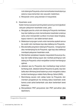 rutin datang ke Posyandu untuk memeriksakan kesehatannya 
selama masa kehamilan dan sesudah melahirkan. 
e. Menjawab rumor yang beredar di masyarakat. 
6. Kesehatan anak 
Kader mempunyai peran penting dalam perannya meningkatkan 
cakupan pelayanan kesehatan anak, yaitu: 
a. Mengajak para ibu untuk rutin datang ke Posyandu membawa 
bayi dan balitanya untuk memeriksakan kesehatan anaknya 
serta untuk memperoleh suntikan imunisasi dasar lengkap, 
kapsul vitamin A, dan tablet tambah darah. 
b. Melakukan kunjungan rumah untuk memantau apakah semua 
ibu sudah rutin membawa bayi atau balitanya ke Posyandu. 
c. Bila ada balita yang belum datang ke Posyandu, menganjurkan 
atau mendampingi ibu ke Posyandu agar bayi atau balitanya 
mendapat pelayanan kesehatan anak. 
d. Memberikan penjelasan kepada masyarakat khususnya ibu, 
bayi dan balita tentang tujuan dan manfaat pentingnya rutin 
datang ke Posyandu untuk menjadikan tumbuh kembangnya 
optimal. 
e. Jelaskan apa itu Posyandu dan manfaatnya bagi tumbuh 
kembang anak. Jelaskan bahwa Posyandu itu gratis, bayi dan 
balita akan ditimbang berat badannya untuk mengetahui status 
tumbuh kembangnya melalui Kartu Menuju Sehat (KMS). 
f. Menimbang secara rutin setiap bulan ke Posyandu dan 
memberi pengetahuan ibu tentang status kesehatan anak 
karena anak sehat bertambah usia akan bertambah berat 
badannya. 
g. Menyediakan PMT penyuluhan dan PMT pemulihan (jika 
diperlukan). 
Penggerakkan Masyarakat 125 
kurmod kader final_12des12.indd 125 12/12/2012 5:18:37 
 