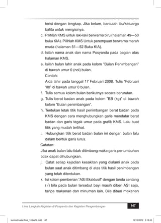 terisi dengan lengkap. Jika belum, bantulah ibu/keluarga 
balita untuk mengisinya. 
c. Pilihlah KMS untuk laki-laki berwarna biru (halaman 49—50 
buku KIA). Pilihlah KMS Untuk perempuan berwarna merah 
muda (halaman 51—52 Buku KIA). 
d. Isilah nama anak dan nama Posyandu pada bagian atas 
halaman KMS. 
e. Isilah bulan lahir anak pada kolom “Bulan Penimbangan” 
di bawah umur 0 (nol) bulan. 
Contoh: 
Aida lahir pada tanggal 17 Februari 2008. Tulis “Februari 
‘08” di bawah umur 0 bulan. 
f. Tulis semua kolom bulan berikutnya secara berurutan. 
g. Tulis berat badan anak pada kolom ”BB (kg)” di bawah 
kolom “Bulan penimbangan”. 
h. Tentukan letak titik hasil penimbangan berat badan pada 
KMS dengan cara menghubungkan garis mendatar berat 
badan dan garis tegak umur pada grafik KMS. Lalu buat 
titik yang mudah terlihat. 
i. Hubungkan titik berat badan bulan ini dengan bulan lalu 
dalam bentuk garis lurus. 
Catatan: 
Jika anak bulan lalu tidak ditimbang maka garis pertumbuhan 
tidak dapat dihubungkan. 
j. Catat setiap kejadian kesakitan yang dialami anak pada 
bulan saat anak ditimbang di atas titik hasil penimbangan 
yang telah ditentukan. 
k. Isi kolom pemberian “ASI Eksklusif” dengan tanda centang 
(√) bila pada bulan tersebut bayi masih diberi ASI saja, 
tanpa makanan dan minuman lain. Bila diberi makanan 
Lima Langkah Kegiatan di Posyandu dan Kegiatan Pengembangan 147 
kurmod kader final_12des12.indd 147 12/12/2012 5:18:45 
 