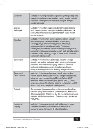 Ceramah Metode ini kurang melibatkan peserta (tidak partisipatif) 
karena penyuluh menyampaikan materi belajar melalui 
ceramah sedangkan peserta lebih banyak menjadi 
pendengar saja. 
Diskusi 
Kelompok 
Metode ini mendorong peserta berpartisipasi secara 
aktif karena peserta merupakan kelompok-kelompok 
kecil untuk melaksanakan pembahasan suatu materi 
bersama-sama. 
Simulasi Metode ini melibatkan semua peserta dalam sebuah 
permainan yang menggambarkan proses yang 
sesungguhnya terjadi di masyarakat. Misalnya: 
seseorang berperan sebagai kader Posyandu, 
sedangkan peserta lain berperan sebagai masyarakat, 
kemudian melakukan sesuatu seolah-olah berada dalam 
keadaan yang sesungguhnya di desa. Hasil simulasi 
kemudian didiskusikan. 
Sandiwara Metode ini memerlukan beberapa peserta sebagai 
pemain, kemudian melaksanakan sepenggal adegan/ 
peristiwa. Peserta Iainnya yang tidak ikut bermain, 
bertindak sebagai penonton. Setelah sandiwara, 
dilanjutkan dengan diskusi tentang adegan tersebut. 
Peragaan/ 
Demonstrasi 
Metode ini biasanya digunakan untuk memberikan 
contoh dalam melakukan sesuatu yang bersifat teknis. 
Misalnya cara mengisi Kartu Menuju Sehat (KMS) 
dan cara membuat larutan gula garam (LGG), untuk 
anak yang diare. Setelah itu peserta melakukan praktik 
(mencoba), apa yang telah diperagakan. 
Praktek Demonstrasi dianggap cukup untuk memperkenalkan 
sesuatu yang bersifat teknis (keterampilan), kemudian 
dilakukan praktik. Misalnya: ibu-ibu mempraktikkan cara 
mengisi KMS dan membuat LGG dibimbing oleh kader 
Posyandu. 
Kunjungan 
Lapang 
Metode ini digunakan untuk melihat langsung suatu 
keadaan dan kemudian membahas keadaan itu 
bersama-sama, langsung di lokasi kejadian. 
Penyuluhan Pada Kegiatan Posyandu 163 
kurmod kader final_12des12.indd 163 12/12/2012 5:18:54 
 