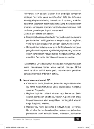 Posyandu. SIP adalah tatanan dari berbagai komponen 
kegiatan Posyandu yang menghasilkan data dan informasi 
tentang pelayanan terhadap proses tumbuh kembang anak dan 
pelayanan kesehatan dasar ibu dan anak yang meliputi cakupan 
program, pencapaian program, kontinuitas penimbangan, hasil 
penimbangan dan partisipasi masyarakat. 
Manfaat SIP antara lain adalah: 
a. Menjadi bahan acuan bagi kader Posyandu untuk memahami 
permasalahan sehingga bisa mengembangkan kegiatan 
yang tepat dan disesuaikan dengan kebutuhan sasaran. 
b. Sebagai informasi yang tepat guna dan tepat waktu mengenai 
pengelolaan Posyandu, agar berbagai pihak yang berperan 
dalam pengelolaan Posyandu bisa menggunakannya untuk 
membina Posyandu demi kepentingan masyarakat. 
Tujuan format SIP adalah untuk menata dan menyederhanakan 
tugas pencatatan kader yang sangat banyak. Untuk 
melaksanakan hal ini, kader perlu mendapatkan pelatihan 
pengisian format SIP terlebih dahulu. 
2. Macam-macam format ISP 
a. Catatan ibu hamil, kelahiran, kematian bayi dan kematian 
ibu hamil, melahirkan, nifas. Berisi catatan dasar mengenai 
sasaran Posyandu. 
b. Register bayi dan balita di wilayah kerja Posyandu. Berisi 
catatan pemberian tablet besi, vitamin A, pemberian oralit, 
tanggal imunisasi, dan tanggal bayi meninggal di wilayah 
kerja Posyandu tersebut. 
c. Register ibu hamil dan nifas di wilayah kerja Posyandu. 
Berisi daftar ibu hamil dan ibu nifas, catatan umur kehamilan, 
pemberian tablet tambah darah, imunisasi, pemberian 
Pencatatan dan Pelaporan Posyandu 183 
kurmod kader final_12des12.indd 183 12/12/2012 5:18:56 
 