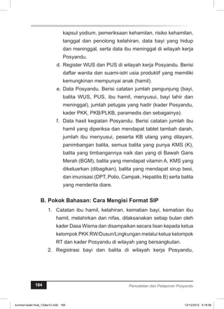 kapsul yodium, pemeriksaan kehamilan, risiko kehamilan, 
tanggal dan penolong kelahiran, data bayi yang hidup 
dan meninggal, serta data ibu meninggal di wilayah kerja 
Posyandu. 
d. Register WUS dan PUS di wilayah kerja Posyandu. Berisi 
daftar wanita dan suami-istri usia produktif yang memiliki 
kemungkinan mempunyai anak (hamil). 
e. Data Posyandu. Berisi catatan jumlah pengunjung (bayi, 
balita WUS, PUS, ibu hamil, menyusui, bayi lahir dan 
meninggal), jumlah petugas yang hadir (kader Posyandu, 
kader PKK, PKB/PLKB, paramedis dan sebagainya). 
f. Data hasil kegiatan Posyandu. Berisi catatan jumlah ibu 
hamil yang diperiksa dan mendapat tablet tambah darah, 
jumlah ibu menyusui, peserta KB ulang yang dilayani, 
panimbangan balita, semua balita yang punya KMS (K), 
balita yang timbangannya naik dan yang di Bawah Garis 
Merah (BGM), balita yang mendapat vitamin A, KMS yang 
dikeluarkan (dibagikan), balita yang mendapat sirup besi, 
dan imunisasi (DPT, Polio, Campak, Hepatitis B) serta balita 
yang menderita diare. 
B. Pokok Bahasan: Cara Mengisi Format ISP 
1. Catatan ibu hamil, kelahiran, kematian bayi, kematian ibu 
hamil, melahirkan dan nifas, dilaksanakan setiap bulan oleh 
kader Dasa Wisma dan disampaikan secara lisan kepada ketua 
kelompok PKK RW/Dusun/Lingkungan melalui ketua kelompok 
RT dan kader Posyandu di wilayah yang bersangkutan. 
2. Registrasi bayi dan balita di wilayah kerja Posyandu, 
184 Pencatatan dan Pelaporan Posyandu 
kurmod kader final_12des12.indd 184 12/12/2012 5:18:56 
 