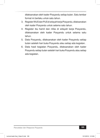 dilaksanakan oleh kader Posyandu setiap bulan. Satu lembar 
format ini berlaku untuk satu tahun. 
3. Register WUS dan PUS di wilayah kerja Posyandu, dilaksanakan 
oleh kader Posyandu untuk selama satu tahun. 
4. Register ibu hamil dan nifas di wilayah kerja Posyandu, 
dilaksanakan oleh kader Posyandu untuk selama satu 
tahun. 
5. Data Posyandu, dilaksanakan oleh kader Posyandu setiap 
bulan setelah hari buka Posyandu atau setiap ada kegiatan. 
6. Data hasil kegiatan Posyandu, dilaksanakan oleh kader 
Posyandu setiap bulan setelah hari buka Posyandu atau setiap 
ada kegiatan. 
Pencatatan dan Pelaporan Posyandu 185 
kurmod kader final_12des12.indd 185 12/12/2012 5:18:56 
 