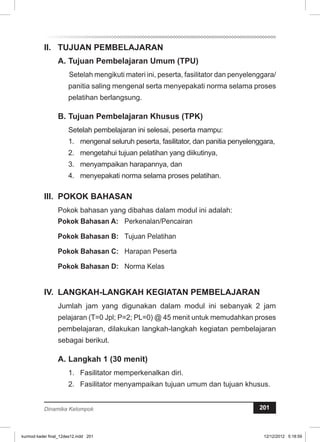 I. TUJUAN PEMBELAJARAN 
A. Tujuan Pembelajaran Umum (TPU) 
Setelah mengikuti materi ini, peserta, fasilitator dan penyelenggara/ 
panitia saling mengenal serta menyepakati norma selama proses 
pelatihan berlangsung. 
B. Tujuan Pembelajaran Khusus (TPK) 
Setelah pembelajaran ini selesai, peserta mampu: 
1. mengenal seluruh peserta, fasilitator, dan panitia penyelenggara, 
2. mengetahui tujuan pelatihan yang diikutinya, 
3. menyampaikan harapannya, dan 
4. menyepakati norma selama proses pelatihan. 
II. POKOK BAHASAN 
Pokok bahasan yang dibahas dalam modul ini adalah: 
Pokok Bahasan A: Perkenalan/Pencairan 
Pokok Bahasan B: Tujuan Pelatihan 
Pokok Bahasan C: Harapan Peserta 
Pokok Bahasan D: Norma Kelas 
IV. LANGKAH-LANGKAH KEGIATAN PEMBELAJARAN 
Jumlah jam yang digunakan dalam modul ini sebanyak 2 jam 
pelajaran (T=0 Jpl; P=2; PL=0) @ 45 menit untuk memudahkan proses 
pembelajaran, dilakukan langkah-langkah kegiatan pembelajaran 
sebagai berikut. 
A. Langkah 1 (30 menit) 
1. Fasilitator memperkenalkan diri. 
2. Fasilitator menyampaikan tujuan umum dan tujuan khusus. 
Dinamika Kelompok 201 
kurmod kader final_12des12.indd 201 12/12/2012 5:18:59 
 