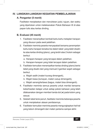 IV. LANGKAH-LANGKAH KEGIATAN PEMBELAJARAN 
A. Pengantar (5 menit) 
Fasilitator menjelaskan dan menuliskan judul, tujuan, dan waktu 
yang diperlukan untuk melaksanakan Pokok Bahasan IX di atas 
papan tulis atau kertas dinding. 
B. Evaluasi (45 menit) 
1. Fasilitator menampilkan kembali kartu-kartu metaplan harapan 
yang disusun pada awal pelatihan. 
2. Fasilitator meminta peserta menyepakati bersama penempelan 
kartu-kartu harapan tersebut ke dalam tabel yang telah disalin 
ke atas kertas dinding (plano), yang terdiri atas 2 kolom sebagai 
berikut: 
a. Harapan-harapan yang tercapai dalam pelatihan. 
b. Harapan-harapan yang tidak tercapai dalam pelatihan. 
3. Fasilitator kemudian menempelkan kertas dinding (plano) berisi 
tabel yang disalin dari yang memuat 3 gambar wajah sebagai 
berikut. 
a. Wajah sedih (materi kurang dimengerti), 
b. Wajah biasa (lumayan, materi cukup dimengerti), 
c. Wajah senang/tertawa (bagus, materi bisa dimengerti). 
4. Fasilitator meminta semua peserta untuk menilai bersama 
keberhasilan belajar untuk setiap pokok bahasan yang telah 
dilaksanakan dengan memberi tanda dot (●) pada kolom yang 
sesuai. 
5. Setelah tabel terisi penuh, fasilitator meminta beberapa peserta 
untuk menjelaskan alasan penilaiannya. 
6. Fasilitator kemudian meminta peserta mengungkapkan hal-hal 
yang belum dimengerti dari materi pertama sampai akhir. 
Rencana Tindak Lanjut (RTL) 207 
kurmod kader final_12des12.indd 207 12/12/2012 5:18:59 
 