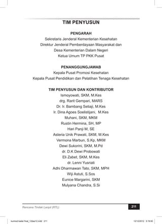 TIM PENYUSUN 
PENGARAH 
Sekretaris Jenderal Kementerian Kesehatan 
Direktur Jenderal Pemberdayaan Masyarakat dan 
Desa Kementerian Dalam Negeri 
Ketua Umum TP PKK Pusat 
PENANGUNGJAWAB 
Kepala Pusat Promosi Kesehatan 
Kepala Pusat Pendidikan dan Pelatihan Tenaga Kesehatan 
TIM PENYUSUN DAN KONTRIBUTOR 
Ismoyowati, SKM, M.Kes 
drg. Rarit Gempari, MARS 
Dr. Ir. Bambang Setiaji, M.Kes 
Ir. Dina Agoes Soelistijani, M.Kes 
Muhani, SKM, MKM 
Rustin Hermina, SH, MP 
Hari Panji M, SE 
Asteria Unik Prawati, SKM, M.Kes 
Vermona Marbun, S.Kp, MKM 
Dewi Sukorini, SKM, M.Pd 
dr. D.K Dewi Probowati 
Eli Zabet, SKM, M.Kes 
dr. Lenni Yusriati 
Adhi Dharmawan Tato, SKM, MPH 
Wiji Astuti, S.Sos 
Eunice Margarini, SKM 
Mulyana Chandra, S.Si 
Rencana Tindak Lanjut (RTL) 211 
kurmod kader final_12des12.indd 211 12/12/2012 5:19:00 
 