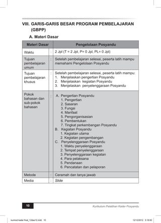 VII. GARIS-GARIS BESAR PROGRAM PEMBELAJARAN 
(GBPP) 
A. Materi Dasar 
Materi Dasar Pengelolaan Posyandu 
Waktu : 2 Jpl (T = 2 Jpl, P= 0 Jpl, PL= 0 Jpl) 
Tujuan 
pembelajaran 
umum 
: Setelah pembelajaran selesai, peserta latih mampu 
memahami Pengelolaan Posyandu 
Tujuan 
pembelajaran 
khusus 
: Setelah pembelajaran selesai, peserta latih mampu: 
1. Menjelaskan pengertian Posyandu 
2. Menjelaskan kegiatan Posyandu 
3. Menjelaskan penyelenggaraan Posyandu 
Pokok 
bahasan dan 
sub-pokok 
bahasan 
: A. Pengertian Posyandu 
1. Pengertian 
2. Sasaran 
3. Fungsi 
4. Manfaat 
5. Pengorganisasian 
6. Pembentukan 
7. Tingkat perkembangan Posyandu 
B. Kegiatan Posyandu 
1. Kegiatan utama 
2. Kegiatan pengembangan 
C. Penyelenggaraan Posyandu 
1. Waktu penyelenggaraan 
2. Tempat penyelenggaraan 
3. Penyelenggaraan kegiatan 
4. Para pelaksana 
5. Pendanaan 
6. Pencatatan dan pelaporan 
Metode : Ceramah dan tanya jawab 
Media : Slide 
10 Kurikulum Pelatihan Kader Posyandu 
kurmod kader final_12des12.indd 10 12/12/2012 5:18:00 
 
