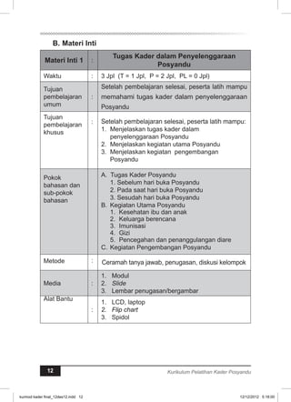 B. Materi Inti 
Materi Inti 1 : Tugas Kader dalam Penyelenggaraan 
Posyandu 
Waktu : 3 Jpl (T = 1 Jpl, P = 2 Jpl, PL = 0 Jpl) 
Tujuan 
pembelajaran 
: 
umum 
Setelah pembelajaran selesai, peserta latih mampu 
memahami tugas kader dalam penyelenggaraan 
Posyandu 
Tujuan 
pembelajaran 
khusus 
: Setelah pembelajaran selesai, peserta latih mampu: 
1. Menjelaskan tugas kader dalam 
penyelenggaraan Posyandu 
2. Menjelaskan kegiatan utama Posyandu 
3. Menjelaskan kegiatan pengembangan 
Posyandu 
Pokok 
bahasan dan 
sub-pokok 
bahasan 
A. Tugas Kader Posyandu 
1. Sebelum hari buka Posyandu 
2. Pada saat hari buka Posyandu 
3. Sesudah hari buka Posyandu 
B. Kegiatan Utama Posyandu 
1. Kesehatan ibu dan anak 
2. Keluarga berencana 
3. Imunisasi 
4. Gizi 
5. Pencegahan dan penanggulangan diare 
C. Kegiatan Pengembangan Posyandu 
Metode : Ceramah tanya jawab, penugasan, diskusi kelompok 
Media : 
1. Modul 
2. Slide 
3. Lembar penugasan/bergambar 
Alat Bantu 
: 
1. LCD, laptop 
2. Flip chart 
3. Spidol 
12 Kurikulum Pelatihan Kader Posyandu 
kurmod kader final_12des12.indd 12 12/12/2012 5:18:00 
 