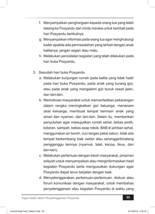 f. Menyampaikan penghargaan kepada orang tua yang telah 
datang ke Posyandu dan minta mereka untuk kembali pada 
hari Posyandu berikutnya. 
g. Menyampaikan informasi pada orang tua agar menghubungi 
kader apabila ada permasalahan yang terkait dengan anak 
balitanya, jangan segan atau malu. 
h. Melakukan pencatatan kegiatan yang telah dilakukan pada 
hari buka Posyandu. 
3. Sesudah hari buka Posyandu 
a. Melakukan kunjungan rumah pada balita yang tidak hadir 
pada hari buka Posyandu, pada anak yang kurang gizi, 
atau pada anak yang mengalami gizi buruk rawat jalan, 
dan lain-lain. 
b. Memotivasi masyarakat untuk memanfaatkan pekarangan 
dalam rangka meningkatkan gizi keluarga, menanam 
obat keluarga, membuat tempat bermain anak yang 
aman dan nyaman, dan lain-lain. Selain itu, memberikan 
penyuluhan agar mewujudkan rumah sehat, bebas jentik, 
kotoran, sampah, bebas asap rokok, BAB di jamban sehat, 
menggunakan air bersih, cuci tangan pakai sabun, tidak ada 
tempat berkembang biak vektor atau serangga/binatang 
pengganggu lainnya (nyamuk, lalat, kecoa, tikus, dan 
lain-lain). 
c. Melakukan pertemuan dengan tokoh masyarakat, pimpinan 
wilayah untuk menyampaikan atau menginformasikan hasil 
kegiatan Posyandu serta mengusulkan dukungan agar 
Posyandu dapat terus berjalan dengan baik. 
d. Menyelenggarakan pertemuan-pertemuan, diskusi atau 
forum komunikasi dengan masyarakat, untuk membahas 
penyelenggaraan atau kegiatan Posyandu di waktu yang 
Tugas Kader dalam Penyelenggaraan Posyandu 53 
kurmod kader final_12des12.indd 53 12/12/2012 5:18:19 
 