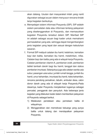 akan datang. Usulan dari masyarakat inilah yang nanti 
digunakan sebagai acuan dalam menyusun rencana tindak 
lanjut kegiatan berikutnya. 
e. Mempelajari sistem informasi Posyandu (SIP). SIP adalah 
sistem pencatatan data atau informasi tentang pelayanan 
yang diselenggarakan di Posyandu, dan memasukkan 
kegiatan Posyandu tersebut dalam SIP. Manfaat SIP 
ini adalah sebagai acuan bagi kader untuk memahami 
permasalahan yang ada, sehingga dapat mengembangkan 
jenis kegiatan yang tepat dan sesuai dengan kebutuhan 
sasaran. 
f. Format SIP meliputi catatan ibu hamil, kelahiran, kematian 
bayi dan balita, kematian ibu hamil, melahirkan, nifas. 
Catatan bayi dan balita yang ada si wilayah kerja Posyandu. 
Catatan pemberian vitamin A, pemberian oralit, pemberian 
tablet tambah darah bagi ibu hamil, tanggal dan status 
pemberian imunisasi. Selanjutnya juga ada catatan wanita usia 
subur, pasangan usia subur, jumlah rumah tangga, jumlah ibu 
hamil, umur kehamilan, imunisasi ibu hamil, risiko kehamilan, 
rencana penolong persalinan, tabulin, ambulan desa, calon 
donor darah yang ada di wilayah kerja Posyandu.Pada 
dasarnya, kader Posyandu menjalankan tugasnya sebagai 
pencatat, penggerak dan penyuluh. Ada beberapa jenis 
kegiatan yang dilakukan kader dalam memberikan pelayanan 
di Posyandu sebagai berikut. 
1) Melakukan pendataan atau pemetaan balita di 
wilayahnya. 
2) Menggerakkan dan memotivasi keluarga yang punya 
balita untuk datang dan mendapatkan pelayanan 
Posyandu. 
54 Tugas Kader dalam Penyelenggaraan Posyandu 
kurmod kader final_12des12.indd 54 12/12/2012 5:18:19 
 