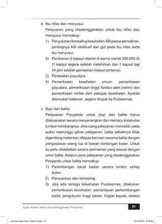 b. Ibu nifas dan menyusui 
Pelayanan yang diselenggarakan untuk ibu nifas dan 
menyusui mencakup: 
1) Penyuluhan/konseling kesehatan, KB pasca-persalinan, 
pentingnya ASI eksklusif dan gizi pada ibu nifas serta 
ibu menyusui. 
2) Pemberian 2 kapsul vitamin A warna merah 200.000 SI 
(1 kapsul segera setelah melahirkan dan 1 kapsul lagi 
24 jam setelah pemberian kapsul pertama). 
3) Perawatan payudara. 
4) Pemeriksaan kesehatan umum, pemeriksaan 
payudara, pemeriksaan tinggi fundus uteri (rahim) dan 
pemeriksaan lochia oleh petugas kesehatan. Apabila 
ditemukan kelainan, segera dirujuk ke Puskesmas. 
c. Bayi dan balita 
Pelayanan Posyandu untuk bayi dan balita harus 
dilaksanakan secara menyenangkan dan memacu kreativitas 
tumbuh kembangnya. Jika ruang pelayanan memadai, pada 
waktu menunggu giliran pelayanan, balita sebaiknya tidak 
digendong melainkan dilepas bermain sesama balita dengan 
pengawasan orang tua di bawah bimbingan kader. Untuk 
itu perlu disediakan sarana permainan yang sesuai dengan 
umur balita. Adapun jenis pelayanan yang diselenggarakan 
Posyandu untuk balita mencakup: 
1) Penimbangan berat badan secara teratur setiap 
bulan. 
2) Penyuluhan dan konseling. 
3) Jika ada tenaga kesehatan Puskesmas, dilakukan 
pemeriksaan kesehatan, pemantauan perkembangan 
balita, pengukuran tinggi badan, lingkar kepala, deteksi 
Tugas Kader dalam Penyelenggaraan Posyandu 61 
kurmod kader final_12des12.indd 61 12/12/2012 5:18:20 
 