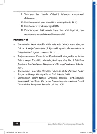 9. Tabungan ibu bersalin (Tabulin), tabungan masyarakat 
(Tabumas). 
10. Kesehatan lanjut usia melalui bina keluarga lansia (BKL). 
11. Kesehatan reproduksi remaja (KRR). 
12. Pemberdayaan fakir miskin, komunitas adat terpencil, dan 
penyandang masalah kesejahteraan sosial. 
REFERENSI 
● Kementerian Kesehatan Republik Indonesia bekerja sama dengan 
Kelompok Kerja Operasional (Pokjanal) Posyandu, Pedoman Umum 
Pengelolaan Posyandu, Jakarta, 2011. 
● Kerja sama antara Kementerian Kesehatan RI dengan Kementerian 
Dalam Negeri Republik Indonesia, Kurikulum dan Modul Pelatihan 
Fasilitator Pemberdayaan Masyarakat di Bidang Kesehatan, Jakarta, 
2011. 
● Kementerian Kesehatan Republik Indonesia, Buku Panduan Kader 
Posyandu Menuju Keluarga Sadar Gizi, Jakarta, 2011. 
● Kementerian Dalam Negeri, Direktorat Jenderal Pemberdayaan 
Masyarakat dan Desa, Pedoman Pengintegrasian Layanan Sosial 
Dasar di Pos Pelayanan Terpadu, Jakarta, 2011. 
64 Tugas Kader dalam Penyelenggaraan Posyandu 
kurmod kader final_12des12.indd 64 12/12/2012 5:18:20 
 