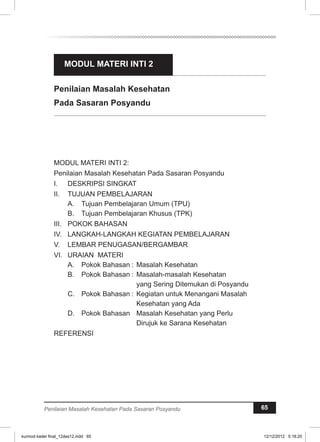 MODUL MATERI INTI 2 
Penilaian Masalah Kesehatan 
Pada Sasaran Posyandu 
Penilaian Masalah Kesehatan Pada Sasaran Posyandu 65 
kurmod kader final_12des12.indd 65 12/12/2012 5:18:20 
 