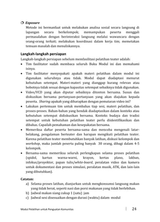  Exposure
Metode ini bermanfaat untuk melakukan analisa sosial secara langsung di
lapangan secara berkelompok; memampukan peserta menggali
permasalahan dengan berinteraksi langsung melalui wawancara dengan
orang-orang terkait; melakukan koordinasi dalam kerja tim; memetakan
temuan masalah dan menuliskannya.

Langkah-langkah persiapan
Langkah-langkah persiapan sebelum memfasilitasi pelatihan teater adalah:
 Tim fasilitator sudah membaca seluruh Buku Modul ini dan memahami
isinya.
 Tim fasilitator menyepakati apakah materi pelatihan dalam modul ini
digunakan seluruhnya atau tidak. Modul dapat diadaptasi menurut
kebutuhan setempat. Materi-materi yang dianggap kurang relevan atau
bobotnya tidak sesuai dengan kapasitas setempat sebaiknya tidak digunakan.
 Video/VCD yang akan diputar sebaiknya ditonton bersama. Susun dan
diskusikan bersama pertanyaan-pertanyaan yang akan diajukan kepada
peserta. Sharing apakah yang diharapkan dengan pemutaran video ini?
 Lakukan pertemuan tim untuk membahas tiap sesi, materi pelatihan, dan
proses-proses. Bahan-bahan yang hendak diadaptasikan dalam konteks atau
kebutuhan setempat didiskusikan bersama. Konteks budaya dan tradisi
setempat untuk kebutuhan pelatihan teater perlu diidentifikasikan dan
dibahas. Capailah pemahaman dan kesepakatan bersama.
 Memeriksa daftar peserta bersama-sama dan mencoba mengenali latarbelakang, pengalaman berteater dan harapan mengikuti pelatihan teater.
Karena pelatihan teater membutuhkan banyak latihan, diskusi kelompok dan
workshop, maka jumlah peserta paling banyak 30 orang, dibagi dalam 4-5
kelompok.
 Bersama-sama memeriksa seluruh perlengkapan selama proses pelatihan
(spidol,
kartun
warna-warni,
krayon,
kertas
plano,
lakban,
infokus/proyektor, papan tulis/white-board, peralatan video dan kamera
untuk dokumentasi dan proses simulasi, peralatan musik, ATK, dan lain-lain
yang dibutuhkan).
Catatan:
a) Selama proses latihan, dianjurkan untuk mengkonsumsi langsung makan
yang tidak berat, seperti nasi dan porsi makanan yang tidak berlebihan.
b) Jadwal makan siang cukup 1 (satu) jam
c) Jadwal sesi disesuaikan dengan durasi (waktu) dalam modul
Modul Pelatihan untuk Penguatan Komunitas



24

 