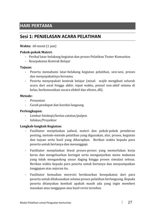 HARI PERTAMA
Sesi 1: PENJELASAN ACARA PELATIHAN
Waktu: 60 menit (1 jam)
Pokok-pokok Materi:
- Perihal latar-belakang kegiatan dan proses Pelatihan Teater Komunitas
- Kesepakatan Kontrak Belajar
Tujuan:
- Peserta memahami latar-belakang kegiatan pelatihan, sesi-sesi, proses
dan menyepakatinya bersama.
- Peserta menyepakati kontrak belajar (misal: wajib mengikuti seluruh
acara dari awal hingga akhir, tepat waktu, ponsel non-aktif selama di
kelas, berkomunikasi secara efektif dan efisien, dll).
Metode:
- Presentasi
- Curah pendapat dan koreksi langsung
Perlengkapan:
- Lembar fotokopi/kertas catatan/pulpen
- Infokus/Proyektor
Langkah-langkah Kegiatan:
- Fasilitator menjelaskan jadwal, materi dan pokok-pokok pemikiran
penting, metode-metode pelatihan yang digunakan, alur, proses, kegiatan
dan tujuan serta hasil yang diharapkan. Berikan waktu kepada para
peserta untuk bertanya dan menanggapi.
-

Fasilitator menjelaskan ihwal proses-proses yang memerlukan kerja
keras dan mengeluarkan keringat serta menganjurkan menu makanan
yang tidak mengandung unsur daging hingga proses simulasi selesai.
Berikan waktu kepada para peserta untuk bertanya dan menyampaikan
tanggapan atas anjuran itu.

-

Fasilitator kemudian merevisi berdasarkan kesepakatan dari para
peserta untuk dilaksanakan selama proses pelatihan berlangsung. Kepada
peserta ditanyakan kembali apakah masih ada yang ingin memberi
masukan atau tanggapan atas hasil revisi tersebut.

Modul Pelatihan untuk Penguatan Komunitas



27

 