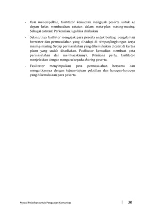 -

Usai menempelkan, fasilitator kemudian mengajak peserta untuk ke
depan kelas membacakan catatan dalam meta-plan masing-masing.
Sebagai catatan: Perkenalan juga bisa dilakukan

-

Selanjutnya fasiliator mengajak para peserta untuk berbagi pengalaman
berteater dan permasalahan yang dihadapi di tempat/lingkungan kerja
masing-masing. Setiap permasalahan yang dikemukakan dicatat di kertas
plano yang sudah disediakan. Fasilitator kemudian membuat peta
permasalahan dan membacakannya. Bilamana perlu, fasilitator
menjelaskan dengan mengacu kepada sharing peserta.

-

Fasilitator menyimpulkan peta permasalahan bersama dan
mengaitkannya dengan tujuan-tujuan pelatihan dan harapan-harapan
yang dikemukakan para peserta.

Modul Pelatihan untuk Penguatan Komunitas



30

 