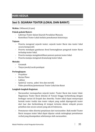 HARI KEDUA
Sesi 5: SEJARAH TEATER (LOKAL DAN BARAT)
Waktu: 240menit (4 jam)
Pokok-pokok Materi:
- Lahirnya Teater dalam Sejarah Peradaban Manusia
- Kontribusi Teater Lokal melalui pemahaman historisnya
Tujuan:
- Peserta mengenal sejarah teater; sejarah teater Barat dan teater lokal
secara komparatif.
- Peserta mendapat gambaran ihwal kemungkinan pengaruh teater Barat
terhadap teater lokal.
- Peserta mampu mengidentifikasi potensi-potensi teater lokal.
- Peserta mampu mengenal dramaturgi teater lokal.
Metode:
- Ceramah
- Tanya-jawab/curah pendapat
Perlengkapan:
- Proyektor
- Kertas Plano
- Lakban
- Spidol (2 warna, yakni biru dan merah)
- Video penelitian/pementasan Teater Lokal dan Barat
Langkah-langkah Kegiatan:
-

Narasumber memaparkan sejarah teater; Teater Barat dan teater lokal.
Bagaimana Teater Barat dimulai di Yunani hingga berkembang dengan
berbagai variasi di Eropah dan Amerika. Teater lokal dapat menyerupai
bentuk teater tradisi dan teater rakyat yang sudah dipengaruhi teater
dari luar dan berkembang di tempat tertentu dalam wilayah proses
pelatihan dan secara umum yang ada di Indonesia.

-

Pemutaran video disertai penjelasan dari narasumber. Baik model Teater
Barat maupun teater lokal dapat diputar untuk melengkapi pemahaman
verbal yang disampaikan sebelumnya oleh narasumber.

Modul Pelatihan untuk Penguatan Komunitas



35

 