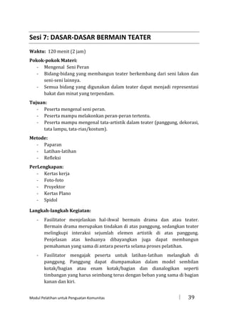 Sesi 7: DASAR-DASAR BERMAIN TEATER
Waktu: 120 menit (2 jam)
Pokok-pokok Materi:
- Mengenal Seni Peran
- Bidang-bidang yang membangun teater berkembang dari seni lakon dan
seni-seni lainnya.
- Semua bidang yang digunakan dalam teater dapat menjadi representasi
bakat dan minat yang terpendam.
Tujuan:
- Peserta mengenal seni peran.
- Peserta mampu melakonkan peran-peran tertentu.
- Peserta mampu mengenal tata-artistik dalam teater (panggung, dekorasi,
tata lampu, tata-rias/kostum).
Metode:
- Paparan
- Latihan-latihan
- Refleksi
PerLengkapan:
- Kertas kerja
- Foto-foto
- Proyektor
- Kertas Plano
- Spidol
Langkah-langkah Kegiatan:
-

Fasilitator menjelaskan hal-ihwal bermain drama dan atau teater.
Bermain drama merupakan tindakan di atas panggung, sedangkan teater
melingkupi interaksi sejumlah elemen artistik di atas panggung.
Penjelasan atas keduanya dibayangkan juga dapat membangun
pemahaman yang sama di antara peserta selama proses pelatihan.

-

Fasilitator mengajak peserta untuk latihan-latihan melangkah di
panggung. Panggung dapat diumpamakan dalam model sembilan
kotak/bagian atau enam kotak/bagian dan dianalogikan seperti
timbangan yang harus seimbang terus dengan beban yang sama di bagian
kanan dan kiri.

Modul Pelatihan untuk Penguatan Komunitas



39

 