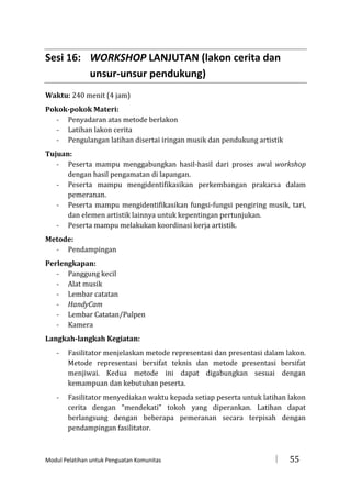 Sesi 16: WORKSHOP LANJUTAN (lakon cerita dan
unsur-unsur pendukung)
Waktu: 240 menit (4 jam)
Pokok-pokok Materi:
- Penyadaran atas metode berlakon
- Latihan lakon cerita
- Pengulangan latihan disertai iringan musik dan pendukung artistik
Tujuan:
- Peserta mampu menggabungkan hasil-hasil dari proses awal workshop
dengan hasil pengamatan di lapangan.
- Peserta mampu mengidentifikasikan perkembangan prakarsa dalam
pemeranan.
- Peserta mampu mengidentifikasikan fungsi-fungsi pengiring musik, tari,
dan elemen artistik lainnya untuk kepentingan pertunjukan.
- Peserta mampu melakukan koordinasi kerja artistik.
Metode:
- Pendampingan
Perlengkapan:
- Panggung kecil
- Alat musik
- Lembar catatan
- HandyCam
- Lembar Catatan/Pulpen
- Kamera
Langkah-langkah Kegiatan:
-

Fasilitator menjelaskan metode representasi dan presentasi dalam lakon.
Metode representasi bersifat teknis dan metode presentasi bersifat
menjiwai. Kedua metode ini dapat digabungkan sesuai dengan
kemampuan dan kebutuhan peserta.

-

Fasilitator menyediakan waktu kepada setiap peserta untuk latihan lakon
cerita dengan “mendekati” tokoh yang diperankan. Latihan dapat
berlangsung dengan beberapa pemeranan secara terpisah dengan
pendampingan fasilitator.

Modul Pelatihan untuk Penguatan Komunitas



55

 