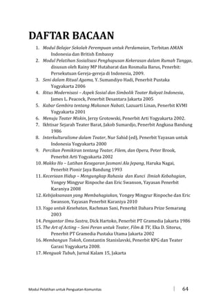 DAFTAR BACAAN
1. Modul Belajar Sekolah Perempuan untuk Perdamaian, Terbitan AMAN
Indonesia dan British Embassy
2. Modul Pelatihan Sosialisasi Penghapusan Kekerasan dalam Rumah Tangga,
disusun oleh Rainy MP Hutabarat dan Rosmalia Barus, Penerbit:
Persekutuan Gereja-gereja di Indonesia, 2009.
3. Seni dalam Ritual Agama, Y. Sumandiyo Hadi, Penerbit Pustaka
Yogyakarta 2006
4. Ritus Modernisasi – Aspek Sosial dan Simbolik Teater Rakyat Indonesia,
James L. Peacock, Penerbit Desantara Jakarta 2005
5. Kabar Gembira tentang Makanan Nabati, Lazuarti Linan, Penerbit KVMI
Yogyakarta 2001
6. Menuju Teater Miskin, Jerzy Grotowski, Penerbit Arti Yogyakarta 2002.
7. Ikhtisar Sejarah Teater Barat, Jakob Sumardjo, Penerbit Angkasa Bandung
1986
8. Interkulturalisme dalam Teater, Nur Sahid (ed), Penerbit Yayasan untuk
Indonesia Yogyakarta 2000
9. Percikan Pemikiran tentang Teater, Filem, dan Opera, Peter Brook,
Penerbit Arti Yogyakarta 2002
10. Makko Ho – Latihan Kesegaran Jasmani Ala Jepang, Haruka Nagai,
Penerbit Pionir Jaya Bandung 1993
11. Keceriaan Hidup – Mengungkap Rahasia dan Kunci Ilmiah Kebahagian,
Yongey Mingyur Rinpoche dan Eric Swanson, Yayasan Penerbit
Karaniya 2008
12. Kebijaksanaan yang Membahagiakan, Yongey Mingyur Rinpoche dan Eric
Swanson, Yayasan Penerbit Karaniya 2010
13. Yoga untuk Kesehatan, Rachman Sani, Penerbit Dahara Prize Semarang
2003
14. Pengantar Ilmu Sastra, Dick Hartoko, Penerbit PT Gramedia Jakarta 1986
15. The Art of Acting – Seni Peran untuk Teater, Film & TV, Eka D. Sitorus,
Penerbit PT Gramedia Pustaka Utama Jakarta 2002
16. Membangun Tokoh, Constantin Stanislavski, Penerbit KPG dan Teater
Garasi Yogyakarta 2008.
17. Menguak Tubuh, Jurnal Kalam 15, Jakarta

Modul Pelatihan untuk Penguatan Komunitas



64

 