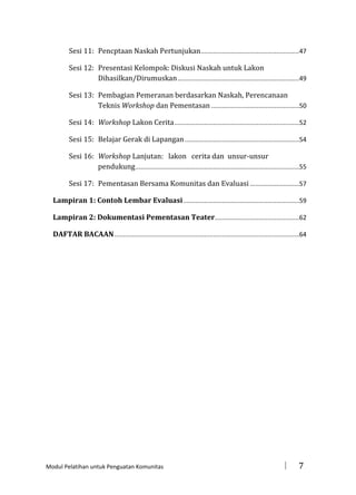 Sesi 11: Pencptaan Naskah Pertunjukan........................................................47
Sesi 12: Presentasi Kelompok: Diskusi Naskah untuk Lakon
Dihasilkan/Dirumuskan .....................................................................49
Sesi 13: Pembagian Pemeranan berdasarkan Naskah, Perencanaan
Teknis Workshop dan Pementasan ..................................................50
Sesi 14: Workshop Lakon Cerita .......................................................................52
Sesi 15: Belajar Gerak di Lapangan .................................................................54
Sesi 16: Workshop Lanjutan: lakon cerita dan unsur-unsur
pendukung .............................................................................................55
Sesi 17: Pementasan Bersama Komunitas dan Evaluasi ............................57
Lampiran 1: Contoh Lembar Evaluasi ..................................................................59
Lampiran 2: Dokumentasi Pementasan Teater................................................62
DAFTAR BACAAN .........................................................................................................64

Modul Pelatihan untuk Penguatan Komunitas



7

 