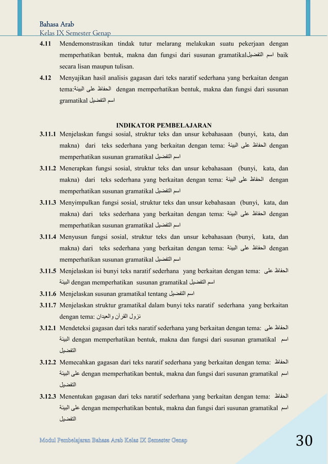 Modul Pembelajaran Bahasa Arab kelas 9 MTs (semester genap) | PDF