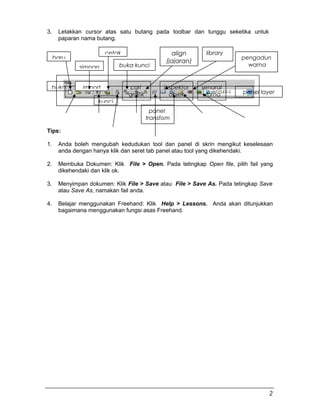3. Letakkan cursor atas satu butang pada toolbar dan tunggu seketika untuk
paparan nama butang.
Tips:
1. Anda boleh mengubah kedudukan tool dan panel di skrin mengikut keselesaan
anda dengan hanya klik dan seret tab panel atau tool yang dikehendaki.
2. Membuka Dokumen: Klik File > Open. Pada tetingkap Open file, pilih fail yang
dikehendaki dan klik ok.
3. Menyimpan dokumen: Klik File > Save atau File > Save As. Pada tetingkap Save
atau Save As, namakan fail anda.
4. Belajar menggunakan Freehand: Klik Help > Lessons. Anda akan ditunjukkan
bagaimana menggunakan fungsi asas Freehand.
simpan
import
baru
buka
cetak
cari
grafik
align
(jajaran)
kunci
buka kunci
inspektor
objek
panel
transfom
senarai
warna
pengadun
warna
panel layer
library
2
 