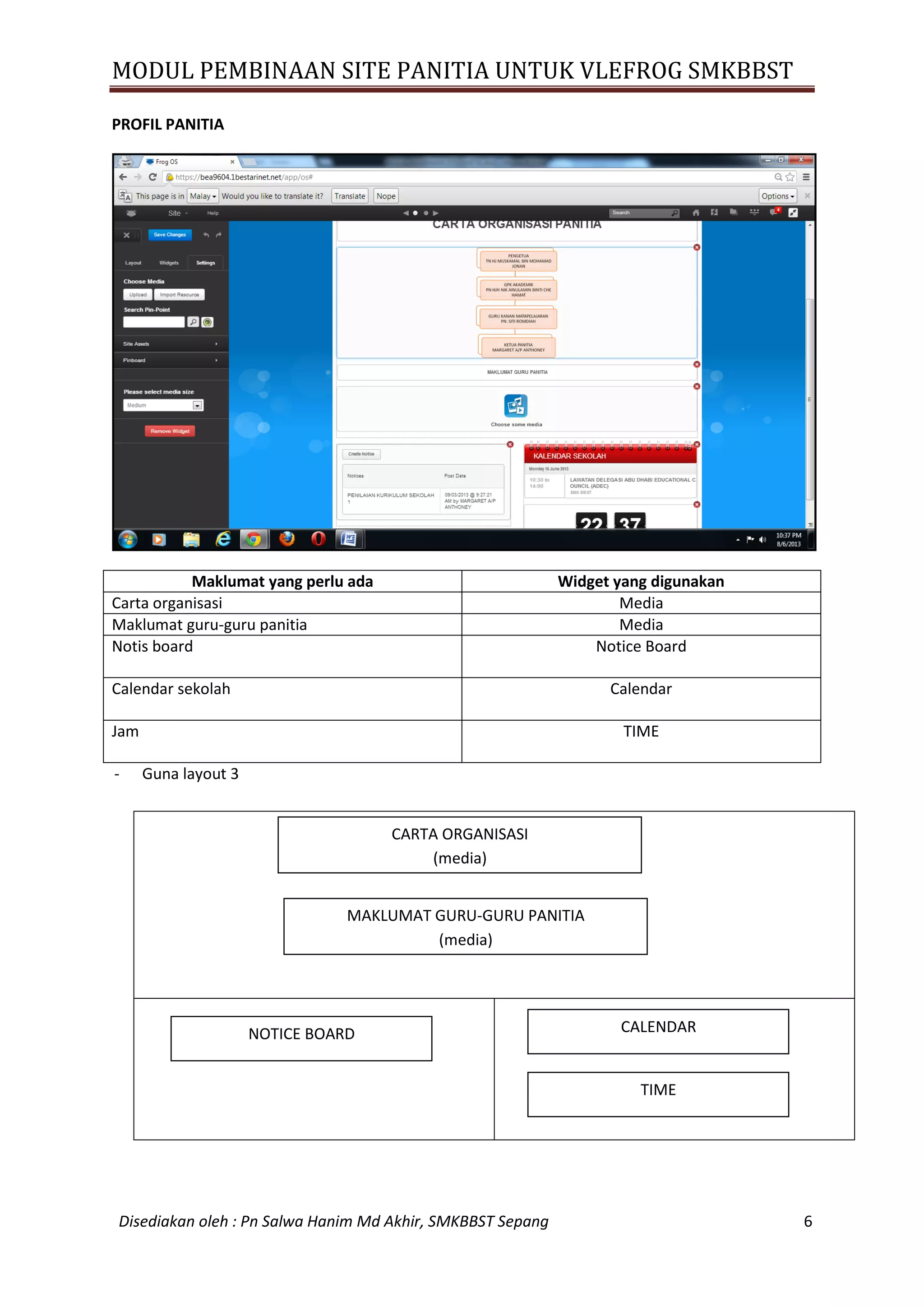 MODUL PEMBINAAN SITE PANITIA UNTUK VLEFROG SMKBBST
Disediakan oleh : Pn Salwa Hanim Md Akhir, SMKBBST Sepang 6
PROFIL PANITIA
Maklumat yang perlu ada Widget yang digunakan
Carta organisasi Media
Maklumat guru-guru panitia Media
Notis board Notice Board
Calendar sekolah Calendar
Jam TIME
- Guna layout 3
CARTA ORGANISASI
(media)
MAKLUMAT GURU-GURU PANITIA
(media)
NOTICE BOARD CALENDAR
TIME
 