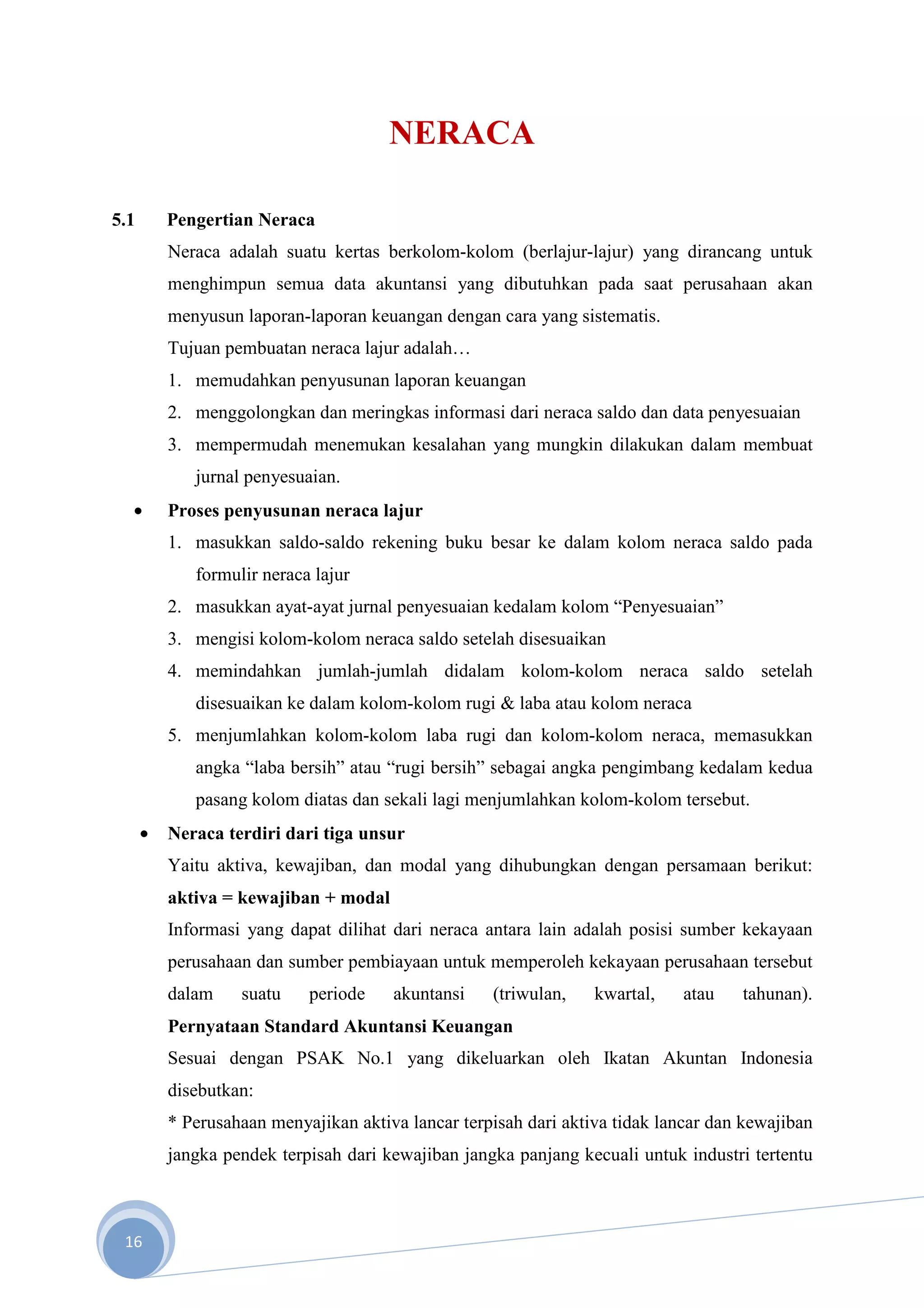 NERACA

5.1       Pengertian Neraca
          Neraca adalah suatu kertas berkolom-kolom (berlajur-lajur) yang dirancang untuk
          menghimpun semua data akuntansi yang dibutuhkan pada saat perusahaan akan
          menyusun laporan-laporan keuangan dengan cara yang sistematis.
          Tujuan pembuatan neraca lajur adalah…
          1. memudahkan penyusunan laporan keuangan
          2. menggolongkan dan meringkas informasi dari neraca saldo dan data penyesuaian
          3. mempermudah menemukan kesalahan yang mungkin dilakukan dalam membuat
             jurnal penyesuaian.
  •       Proses penyusunan neraca lajur
          1. masukkan saldo-saldo rekening buku besar ke dalam kolom neraca saldo pada
             formulir neraca lajur
          2. masukkan ayat-ayat jurnal penyesuaian kedalam kolom “Penyesuaian”
          3. mengisi kolom-kolom neraca saldo setelah disesuaikan
          4. memindahkan jumlah-jumlah didalam kolom-kolom neraca saldo setelah
             disesuaikan ke dalam kolom-kolom rugi & laba atau kolom neraca
          5. menjumlahkan kolom-kolom laba rugi dan kolom-kolom neraca, memasukkan
             angka “laba bersih” atau “rugi bersih” sebagai angka pengimbang kedalam kedua
             pasang kolom diatas dan sekali lagi menjumlahkan kolom-kolom tersebut.
      •   Neraca terdiri dari tiga unsur
          Yaitu aktiva, kewajiban, dan modal yang dihubungkan dengan persamaan berikut:
          aktiva = kewajiban + modal
          Informasi yang dapat dilihat dari neraca antara lain adalah posisi sumber kekayaan
          perusahaan dan sumber pembiayaan untuk memperoleh kekayaan perusahaan tersebut
          dalam    suatu    periode    akuntansi    (triwulan,    kwartal,   atau    tahunan).
          Pernyataan Standard Akuntansi Keuangan
          Sesuai dengan PSAK No.1 yang dikeluarkan oleh Ikatan Akuntan Indonesia
          disebutkan:
          * Perusahaan menyajikan aktiva lancar terpisah dari aktiva tidak lancar dan kewajiban
          jangka pendek terpisah dari kewajiban jangka panjang kecuali untuk industri tertentu



 16
 