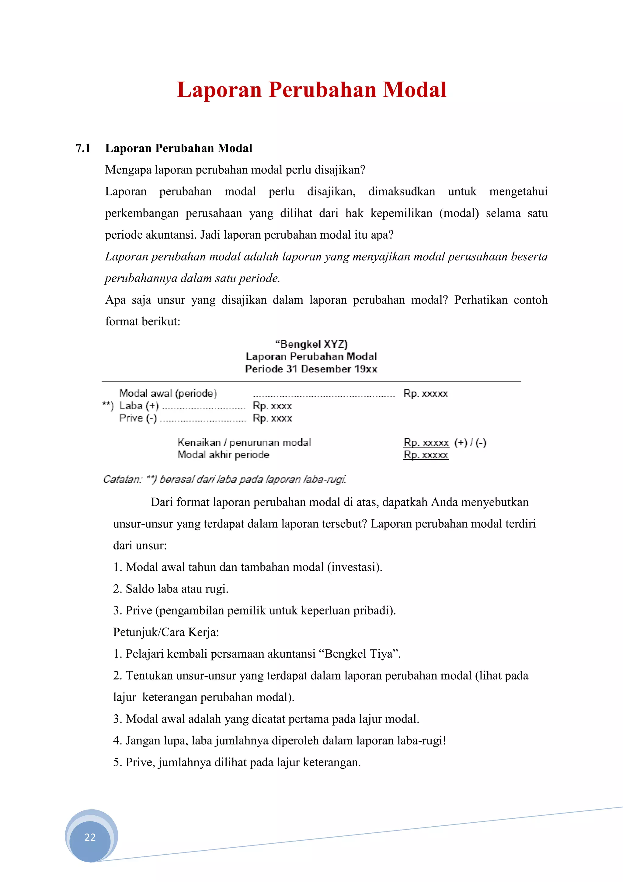 Laporan Perubahan Modal

7.1   Laporan Perubahan Modal
      Mengapa laporan perubahan modal perlu disajikan?
      Laporan    perubahan    modal   perlu   disajikan,    dimaksudkan    untuk   mengetahui
      perkembangan perusahaan yang dilihat dari hak kepemilikan (modal) selama satu
      periode akuntansi. Jadi laporan perubahan modal itu apa?
      Laporan perubahan modal adalah laporan yang menyajikan modal perusahaan beserta
      perubahannya dalam satu periode.
      Apa saja unsur yang disajikan dalam laporan perubahan modal? Perhatikan contoh
      format berikut:




                Dari format laporan perubahan modal di atas, dapatkah Anda menyebutkan
       unsur-unsur yang terdapat dalam laporan tersebut? Laporan perubahan modal terdiri
       dari unsur:
       1. Modal awal tahun dan tambahan modal (investasi).
       2. Saldo laba atau rugi.
       3. Prive (pengambilan pemilik untuk keperluan pribadi).
       Petunjuk/Cara Kerja:
       1. Pelajari kembali persamaan akuntansi “Bengkel Tiya”.
       2. Tentukan unsur-unsur yang terdapat dalam laporan perubahan modal (lihat pada
       lajur keterangan perubahan modal).
       3. Modal awal adalah yang dicatat pertama pada lajur modal.
       4. Jangan lupa, laba jumlahnya diperoleh dalam laporan laba-rugi!
       5. Prive, jumlahnya dilihat pada lajur keterangan.




 22
 