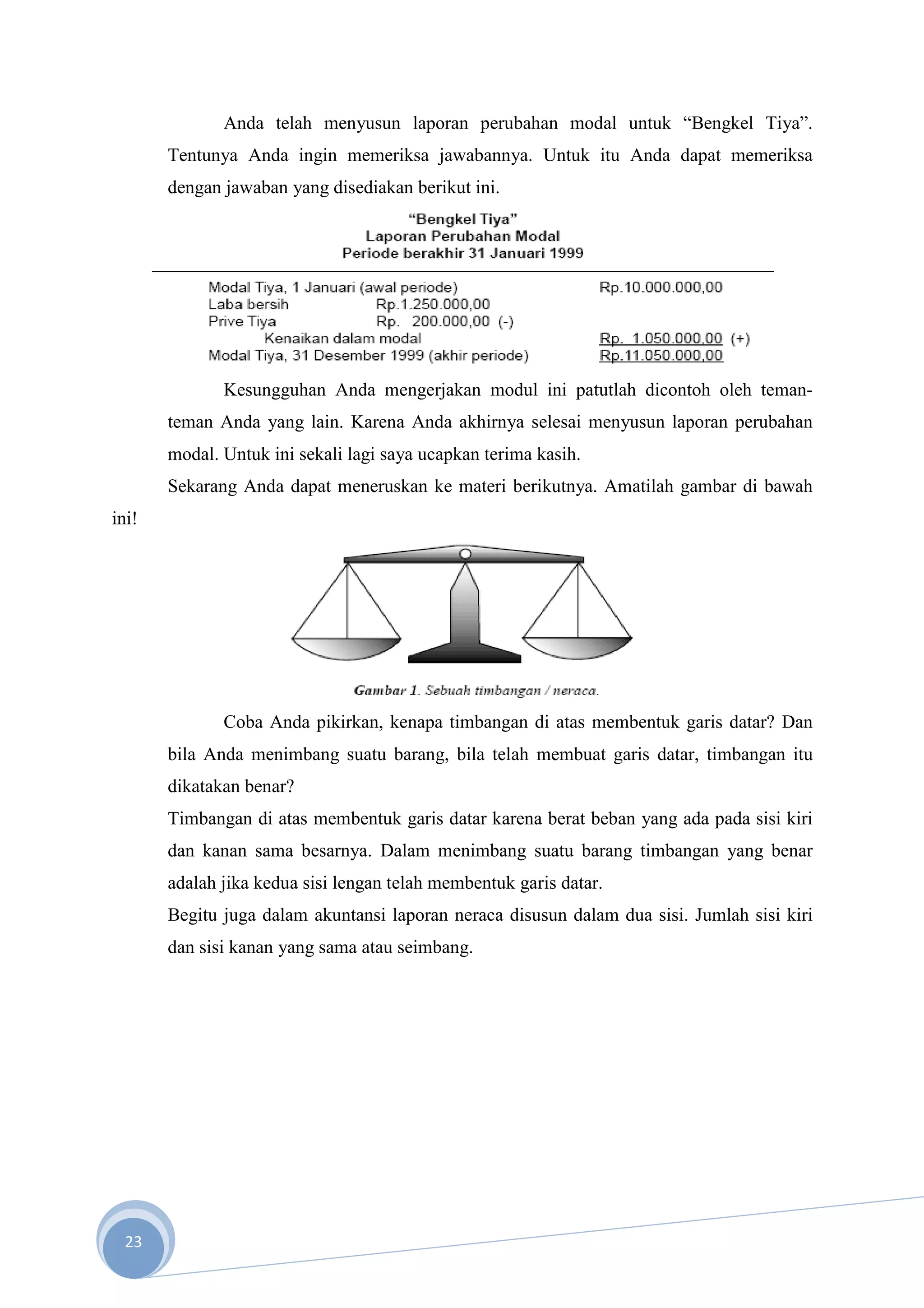 Anda telah menyusun laporan perubahan modal untuk “Bengkel Tiya”.
       Tentunya Anda ingin memeriksa jawabannya. Untuk itu Anda dapat memeriksa
       dengan jawaban yang disediakan berikut ini.




              Kesungguhan Anda mengerjakan modul ini patutlah dicontoh oleh teman-
       teman Anda yang lain. Karena Anda akhirnya selesai menyusun laporan perubahan
       modal. Untuk ini sekali lagi saya ucapkan terima kasih.
       Sekarang Anda dapat meneruskan ke materi berikutnya. Amatilah gambar di bawah
ini!




              Coba Anda pikirkan, kenapa timbangan di atas membentuk garis datar? Dan
       bila Anda menimbang suatu barang, bila telah membuat garis datar, timbangan itu
       dikatakan benar?
       Timbangan di atas membentuk garis datar karena berat beban yang ada pada sisi kiri
       dan kanan sama besarnya. Dalam menimbang suatu barang timbangan yang benar
       adalah jika kedua sisi lengan telah membentuk garis datar.
       Begitu juga dalam akuntansi laporan neraca disusun dalam dua sisi. Jumlah sisi kiri
       dan sisi kanan yang sama atau seimbang.




  23
 