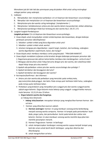 Hak Citpa MGMP PAK SMA Negeri 1 Ende Kurikulum KTSP Page 14
Memahami jati diri laki-laki dan perempuan yang diciptakan Allah untuk saling melengkapi
sebagai partner yang sederajat.
C. Indikator:
A. Menyebutkan dan menjelaskan perbedaan ciri-ciri kepriaan dan kewanitaan secara biologis
B. Menyebut dan menjelaskan ciri-ciri kepriaan dan kewanitaan secara psikologis
C. Menjelaskan pria dan wanita saling melengkapi ( komplementer )
D. Menjelaskan ketidaksetaraan antara pria dan wanita dalam masyarakat dan akibat-akibatnya.
E. Menjelaskan pandangan Kitab Suci tentang pria dan wanita Kej 1: 26-27, 2:7)
D. Langkah-langkah Pembelajaran
Langkah pertama: Ciri-ciri Kepriaan dan Kewanitaan secara psikologis.
 Siswa diajak untuk menyebutkan simbol-simbol kepriaan dan kewanitaan, dengan beberpa
pertanyan penuntun sbb:(Eksplorasi)
1. Sebutkan symbol-simbol yang biasa digunakan untuk pria!
2. Sebutkan symbol-simbol untuk wanita!
3. Jelaskan mengapa pria digambarkan seperti langit, matahari, dan kumbang, sedangkan
wanita digambarkan seperti bumi, bulan, dan bunga?
 Siswa diajak untuk membaca membaca cerita yang berjudul: “PRIA DAN WANITA”.
 Siswa diajak mendalami isi/pesan cerita tersebut dengan beberapa pertanyaan penuntun sbb:
1. Bagaimana perasaan dan pikiran kalian ketika membaca dan mendengarkan cerita di atas?
2. Mengapa ada kesulitan untuk hidup bersama dengan pria dan wanita, dan sebaliknya tidak
dapat hidup tanpa pria atau wanita?
3. Apakah ada perbedaan antara pria dan wanita secara biologis dan psikolgis ?
4. Apakah keindahan dan keunggulan dari pria?
5. Apakah keindahan dan keunggulan dari wanita?
 Kesimpulan/konfirmasi dan informasi:
 Antara pria dan wanita ada perbedaan yang mencolok pada rambut,mata,
pipi,mulut,leher,dada,pinggul, dan betis: Pada remaja putri kelihatan lebih halus, sedangkan
pada remaja putra kelihatan kekar.
 Perbedaan yang terdalam yang menjadikan pria sungguh pria dan wanita sungguh wanita
adalah organ kelemin. Organ kelamin mulai bekerja yang sungguh- sungguh ketika manusia
mulai berumur 12,13,14 atau 15 tahun.
1. Organ kelamin wanita dan fungsinya.
a) Indung telur (Ovarium)
• Indung telur/ovarium: merupakan kelenjar yang menghasilkan hormon-hormon dan
sel telur.
• Hormon yang dihasilkan ovarium adalah:
1) Hormon oestrogen: hormon ini yang membuat seorang winita berkembang
menjadi seorang wanita sempurna. Hormon ini tampak pada pertumbuhan buah
dada, pingul, paha, dan pertumbuhan buluh pada ketiak dan sekitar alat
kelamin. Hormon ini akan membuat seorang wanita memiliki daya pikat dan
memiliki penampilan menarik.
2) Hormon Progesteron: hormon ini berfungsi
3) untuk mempersiapkan kandungan seorang wanita supaya menjadi tempat yang
baik dan aman untuk benih-benih kehidupan yang akan diterima dan
dikandungnya.
4) untuk mengahsilkan sel telur.
 